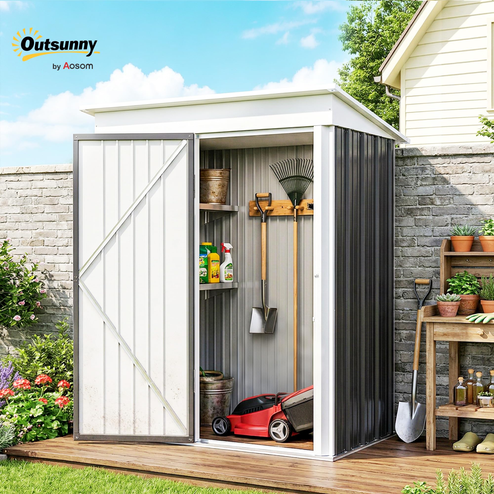 Outsunny Metalowy domek na narzędzia, 1,36 m², 161 x 95 x 181 cm, szopa na narzędzia z dachem jednospadowym, fundamentem, regulowane regały, zamykane drzwi, odporne na warunki atmosferyczne, domek