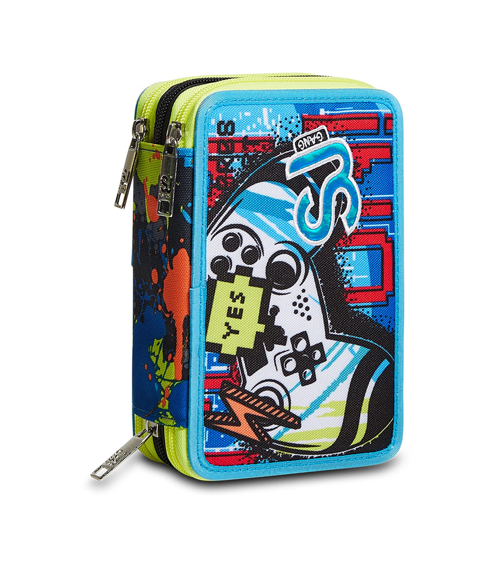 Astuccio Scuola SJ 3 Scomparti - Gamingled Boy Bambino - Completo di Matite, Pennarelli - Azzurro, Verde