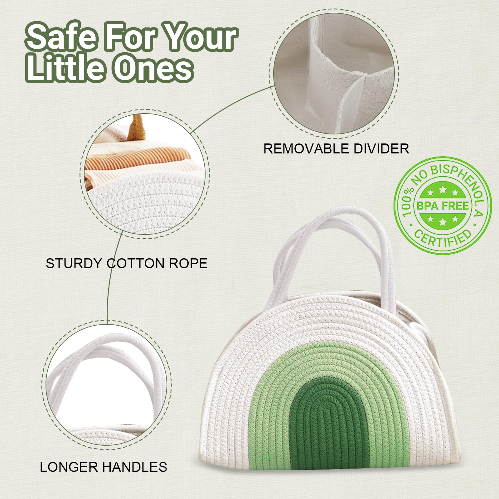 Organizer per fasciatoio, corda di cotone, organizer con divisorio, cestino portatile per pannolini per bambini, regalo per baby shower (bianco e verde)