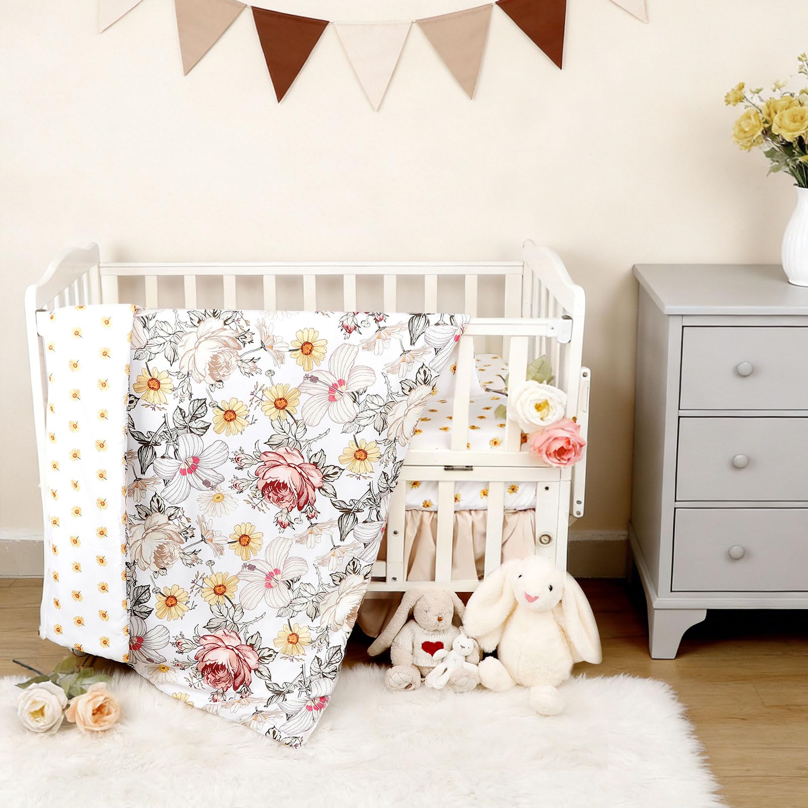 4-Piece Crib Bedding Set for Girls, Boho Baby Girl Bedding Set with Crib Skirt, Baby Quilt, Crib Sheet and Diaper Stacker, Flower