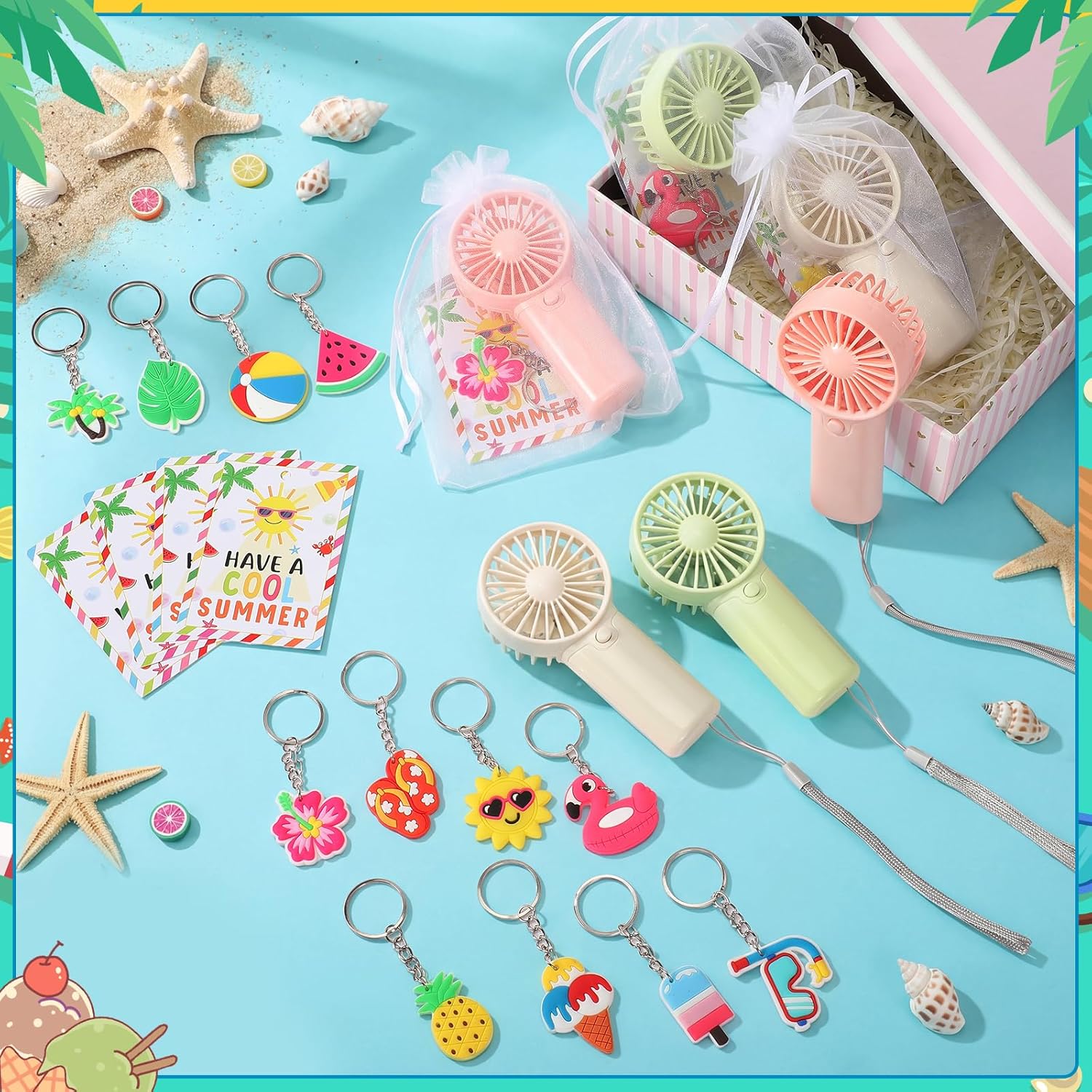 Hortsun 144 Pcs Summer Party Favors Mini Portable Fan Summer Keychain Gift Card and Organza Bag Set Handheld Personal Small Fan Battery Operated Hawaiian Keyring for Beach Sea Outdoor Cooling Gift