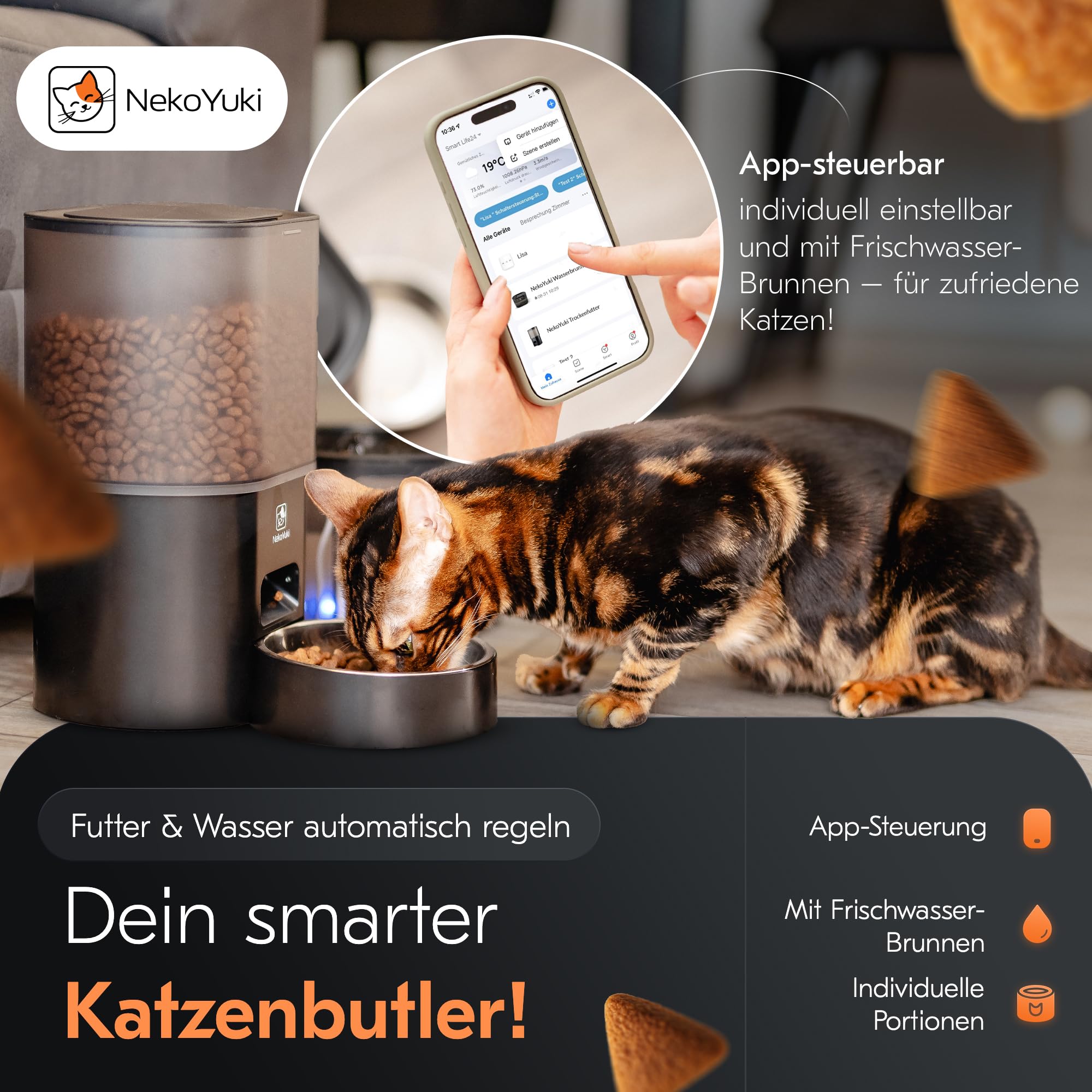 Futterautomat & Katzenbrunnen 2-in-1 | App-gesteuert, 3L Trinkbrunnen, automatischer Futterspender für Katzen | leise, hygienisch, mit Batterie-Notbetrieb
