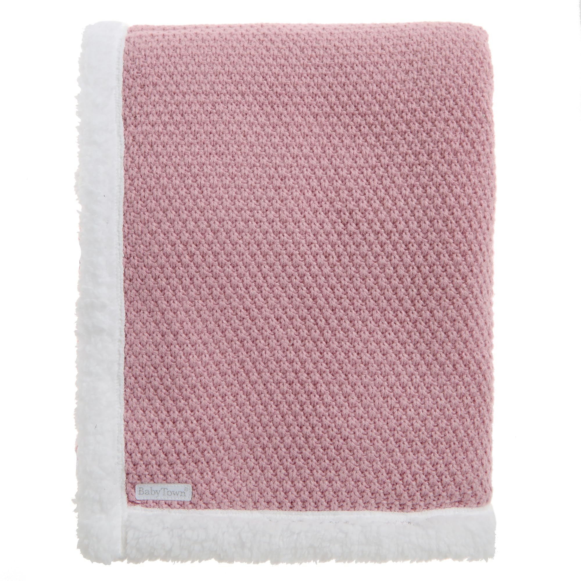 WS-SS24 Baby Girls Dusky Pink Knitted Blanket with White Sherpa Fleece Backing Size 75x90cm