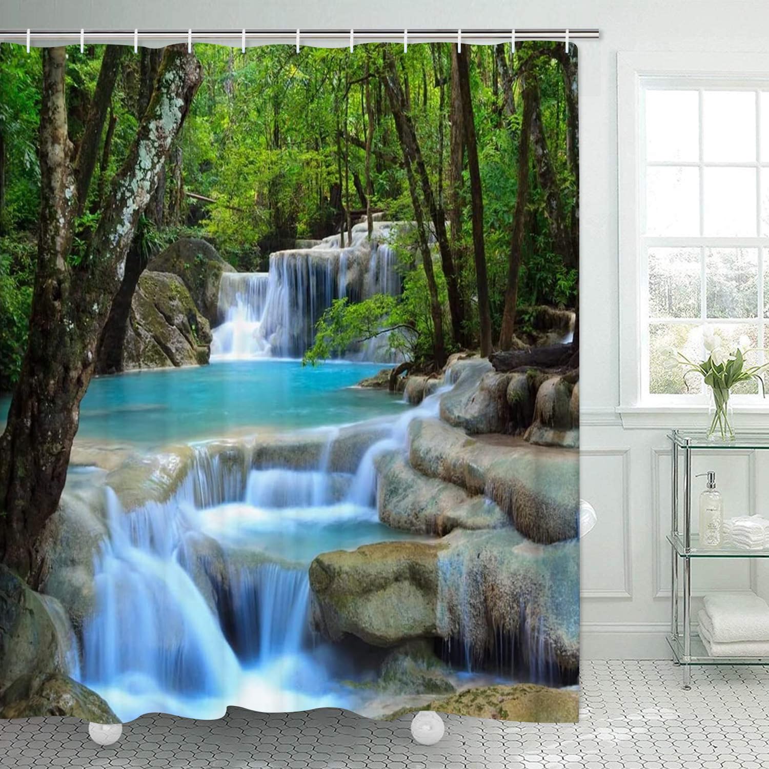 Tenda da doccia Art Déco / Stampa geometrica / Accessorio da bagno vintage / Motivo a rombi astratto verde menta salvia e oro / Decorazione Art Nouveau - Italia