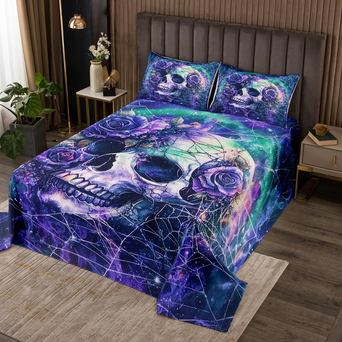 Castle Fairy Halloween Skull Coverlet Set Queen Size,Gothic Sugar Skeleton Rose Floral Durable Bedspread for Girls Teens,Spider Web Blue Starry Galaxy Soft Polyester Quilt Set, with 2 Pillowcases