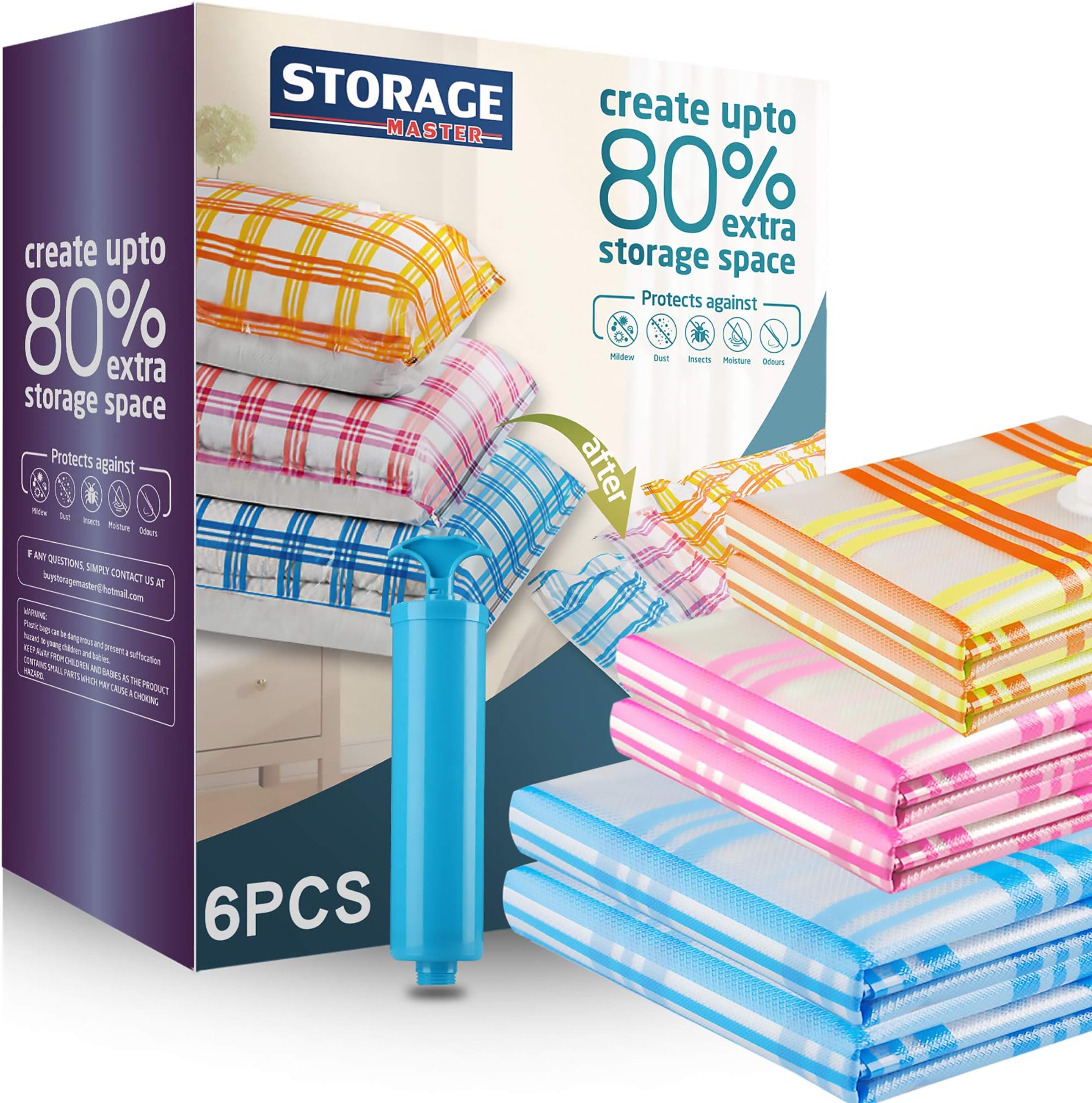 Storage Master Vacuum Storage Bags, 6 Pack (2 Jumbo, Large, Medium) Space Saver Bags Work with Vacuum Cleaner + Travel Hand Pump(6-Combo(2J+2L+2M))