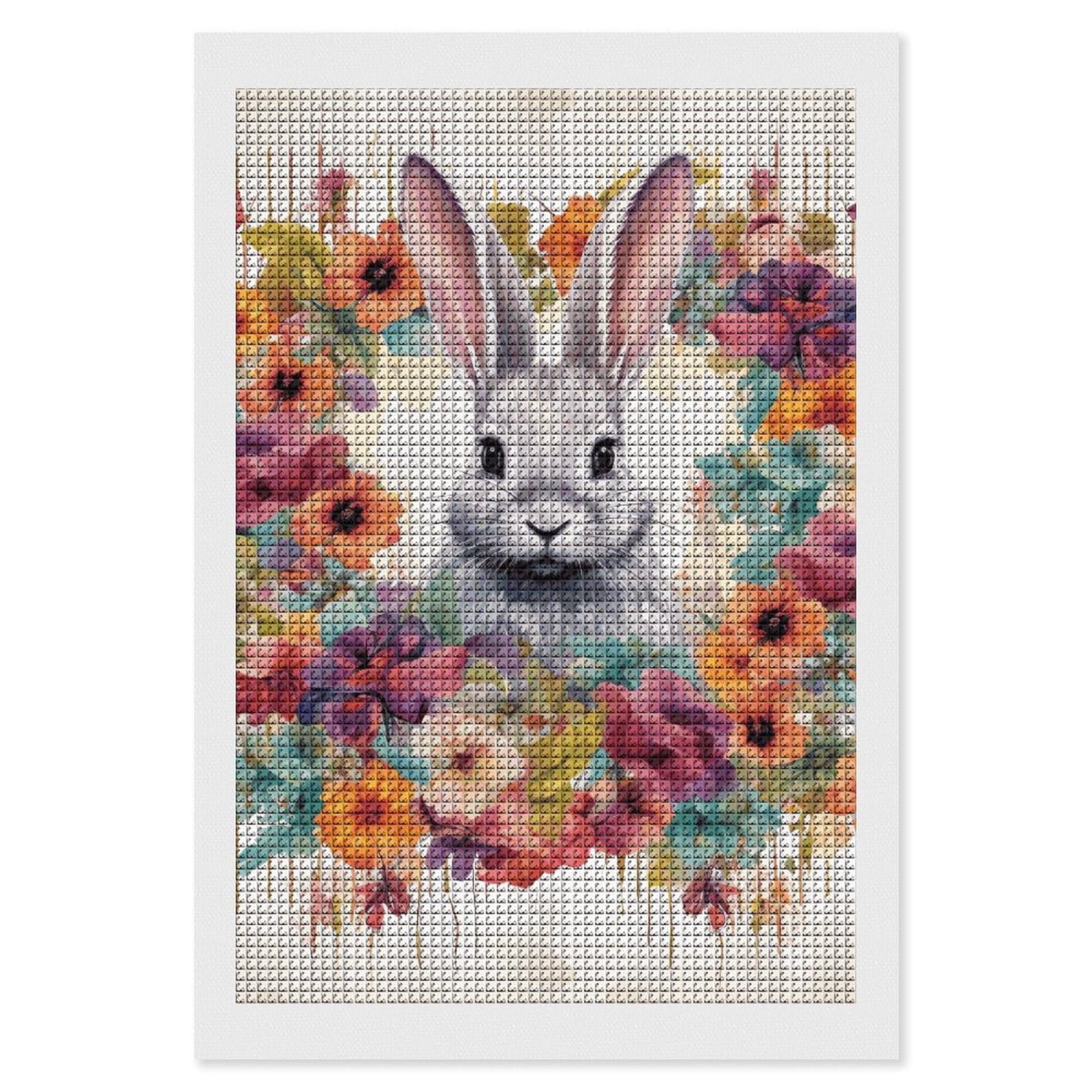 Watercolor Rabbit and Flowers Diamond Art Kits for Adults, DIY 5D Diamonds Painting Kits for Beginner, Round Full Drill Diamond Dots Painting, 8"x12" Diamonds Pictures Gem Art and Crafts Wall Decor