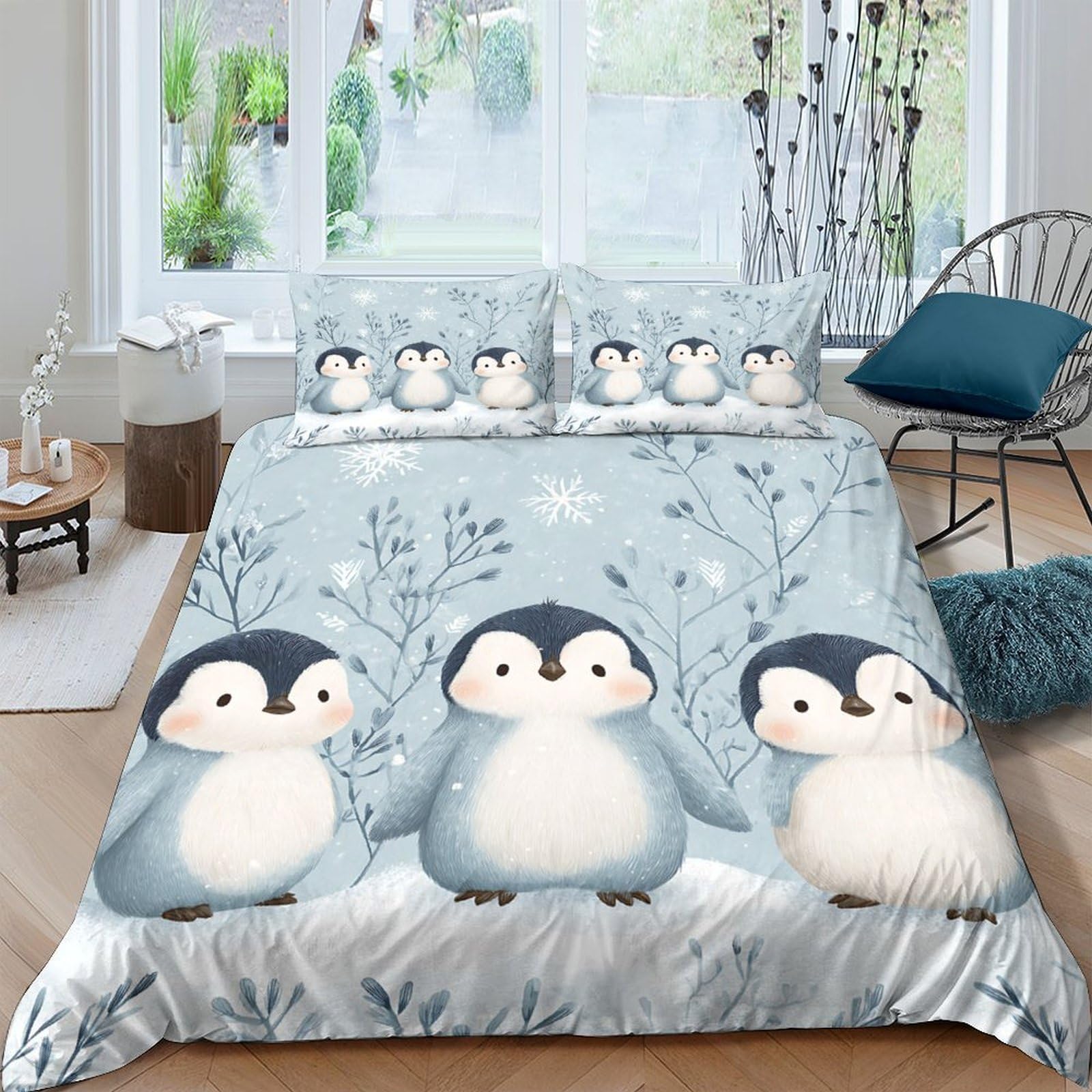 GPLZQXKJNH 3D Printed Cute Penguin Duvet Cover Blue Forest Microfiber Soft Breathable Bedding Set with 2 Pillowcases for Bedroom Decor Single（135x200cm）