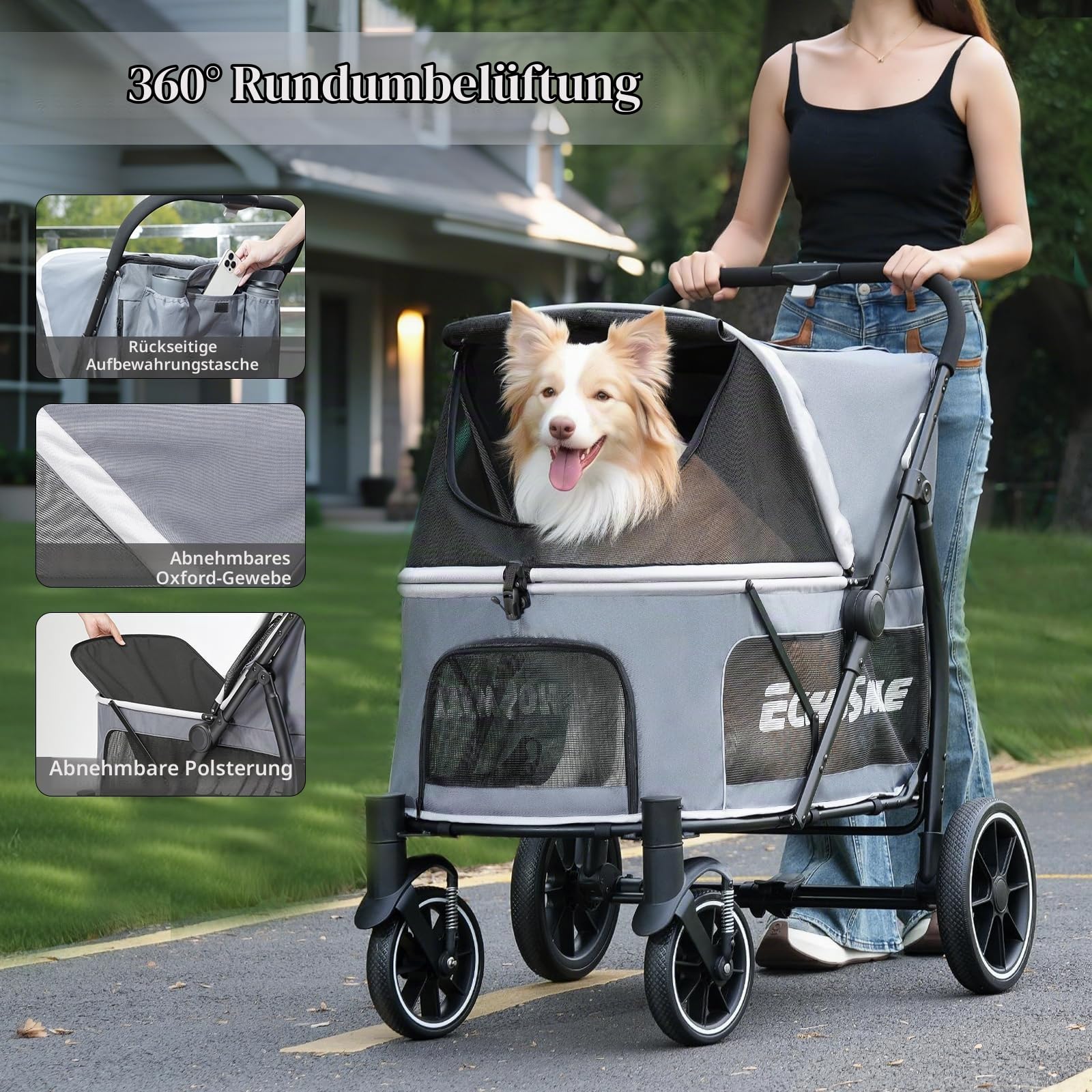 EchoSmile Hundewagen für Große Hunde bis 70kg, Faltbar Hundebuggy mit Netzfenstern, Verstellbarem Griff & 4 Geländegängige Räder, Grau + Weiß