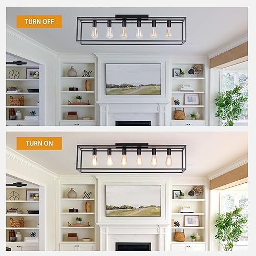 Miniatura 4 de Garwarm Lámpara de techo rectangular de montaje empotrado de 6 luces, lámpara de araña negra enjaulada de metal de 38 pulgadas, lámpara de techo