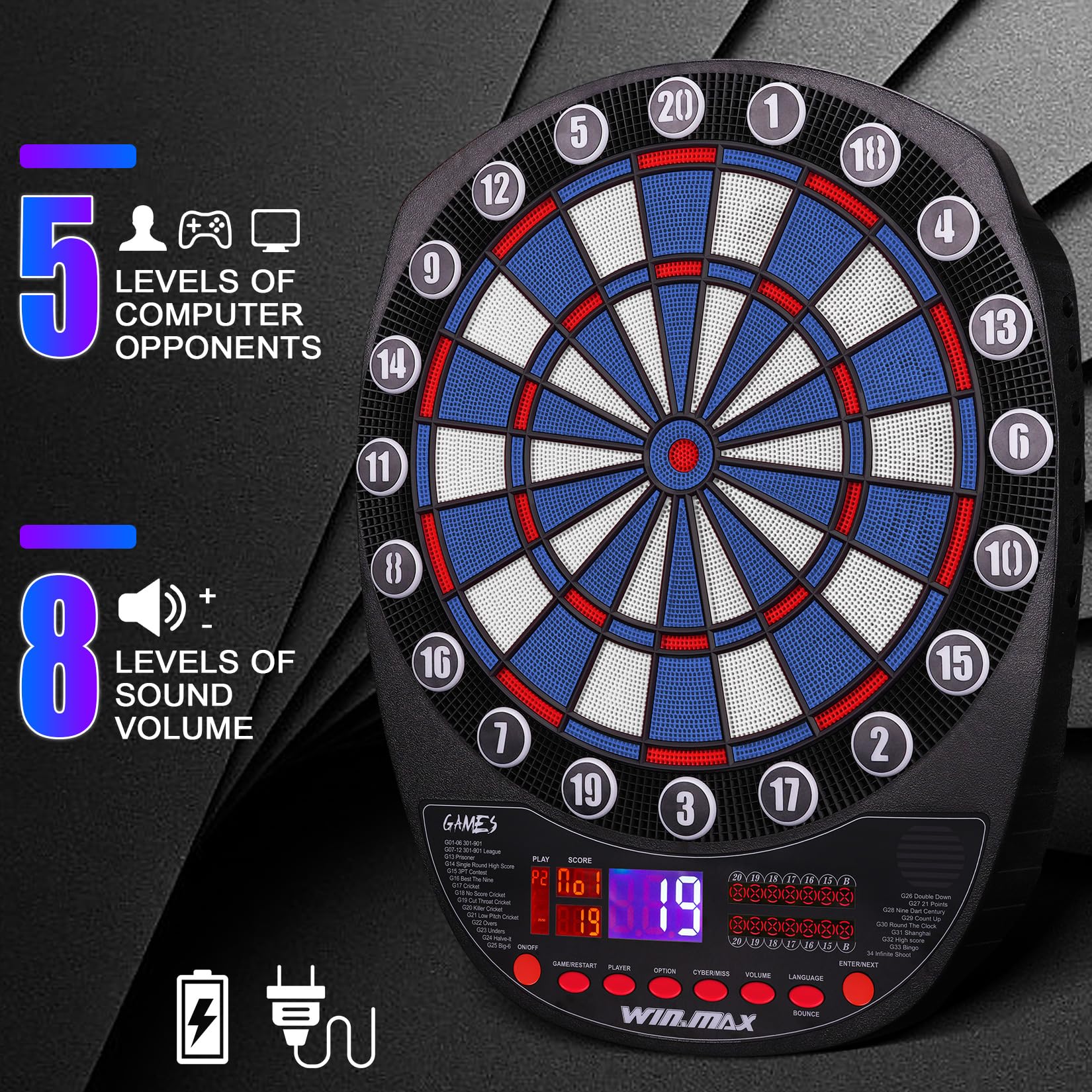 Bersaglio elettronico professionale, 34 giochi con 354 varianti, 3 lingue: tedesco, inglese, francese, per 1 a 8 giocatori con 12 freccette