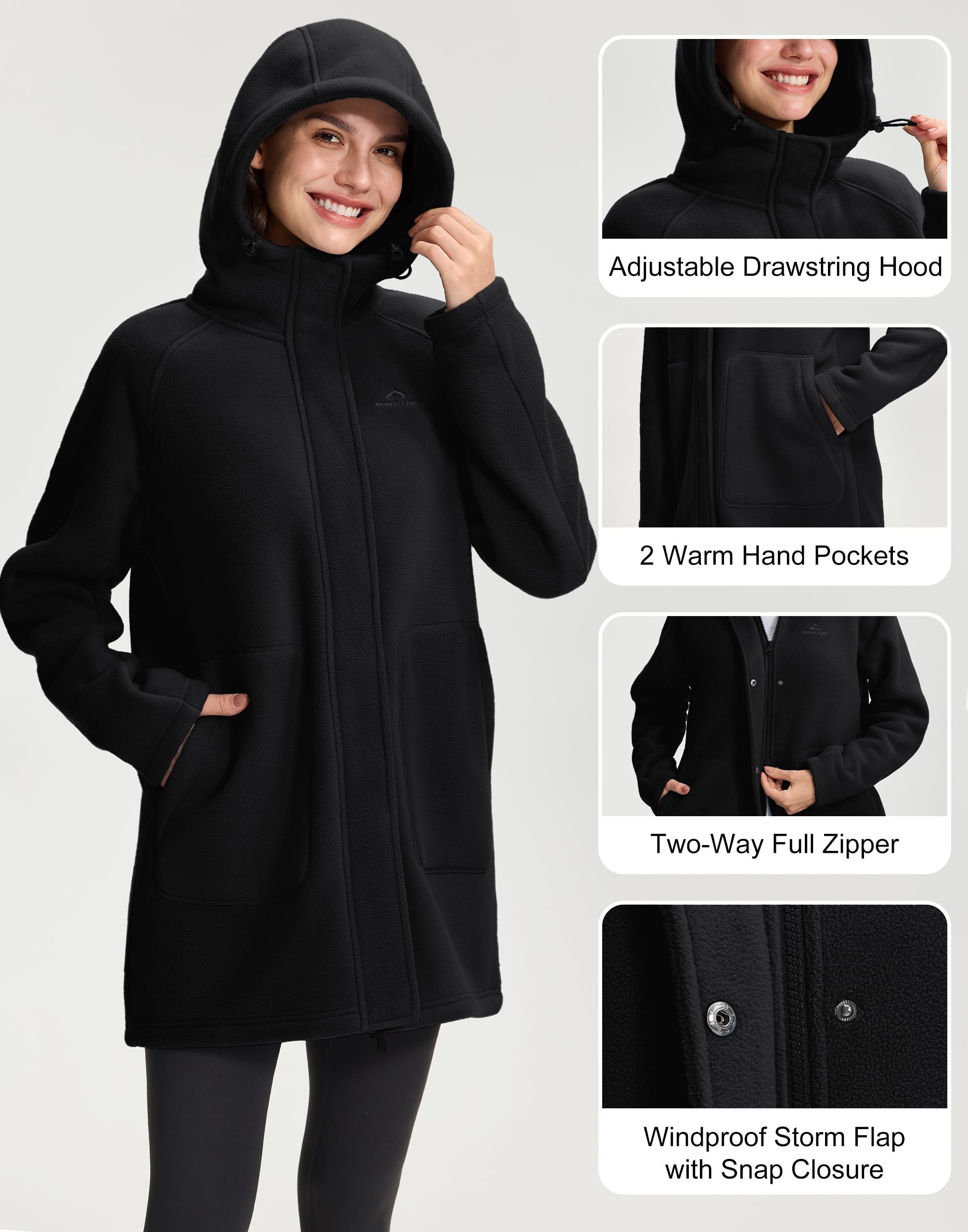 Pioneer Camp Fleecejacke Damen Lang Gefütterte Jacke Dicke Warme 400g Hoodie Jacke Full-Zip Kapuzenpullover Mantel mit Kapuze Antistatische Mäntel Herbst Winterjacke (Fällt groß aus)