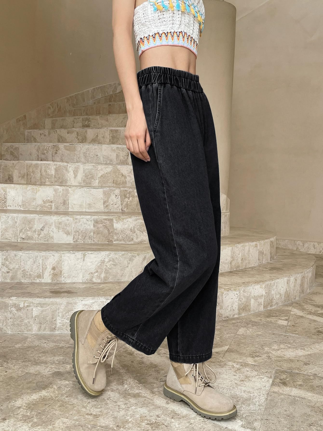 Sugathari Jeans da donna e ragazza in denim di cotone elastico in vita, taglio dritto, lunghezza alla caviglia, gamba larga, casual, larghi, pantaloni da donna (jeans 239)
