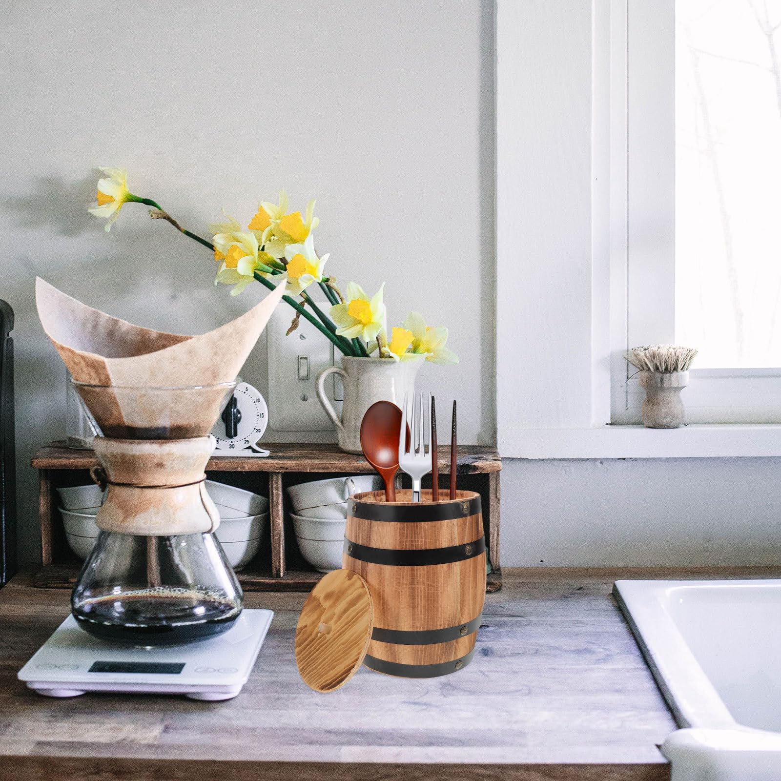 SHINEOFI Soporte de Madera Vintage Diseño Rústico para Utensilios de Cocina , Cubo Portátil y Almacenamiento Fácil para Palillos y Cubiertos en Oficina o Cocina
