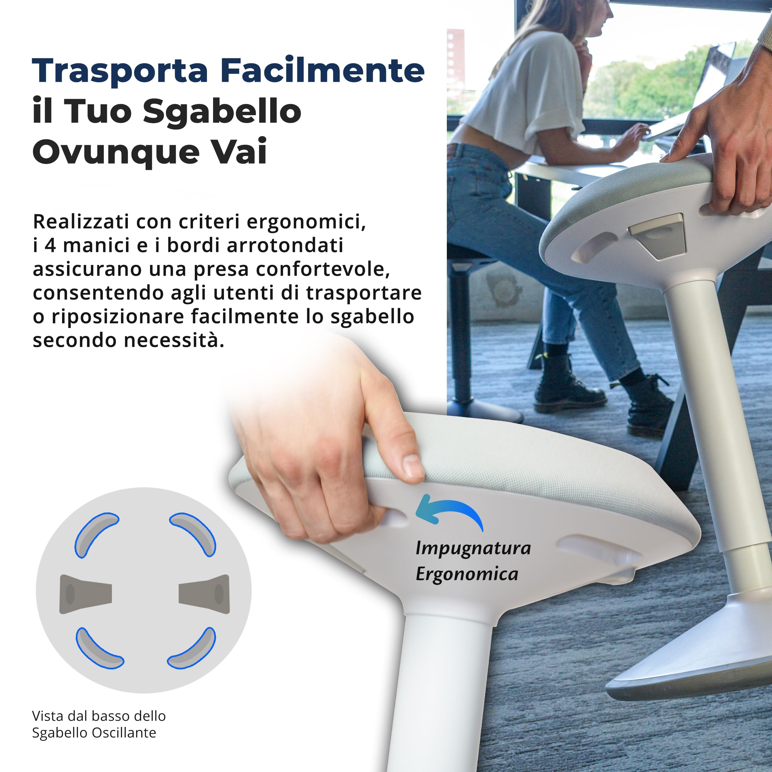 Backerz Sgabello Ergonomico - Sgabello Girevole da 55 a 80 cm con effetto dondolo - Sedia da Ufficio per Casa, Ufficio, Studio - Cuscino a Schiuma, Esterno in Lino Impermeabile - Bianco Opaco