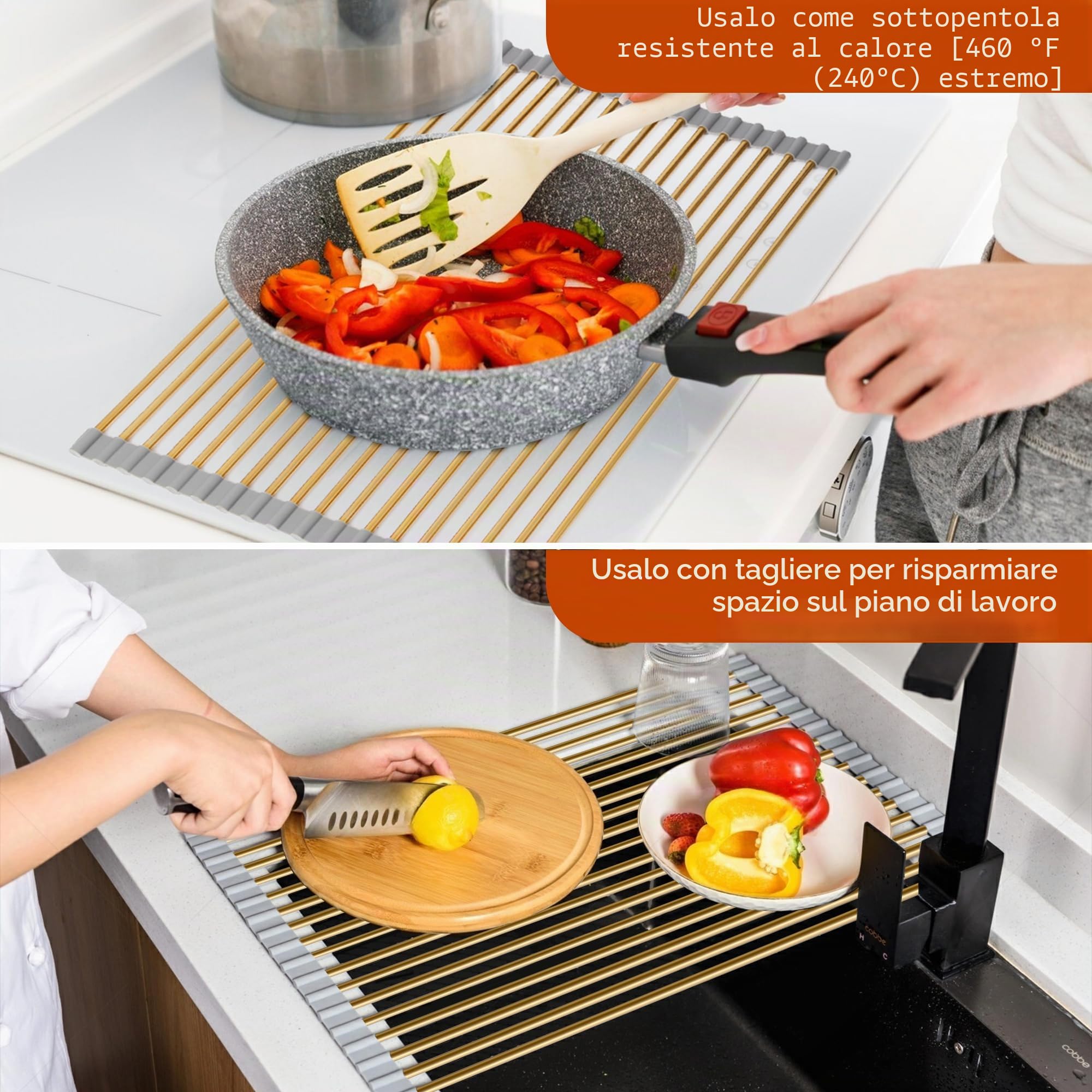 Scolapiatti arrotolabile dorato, grande, in acciaio inox, sopra il lavello, per piano di lavoro della cucina, applicabile per lavelli di larghezza inferiore a 41,9 cm (oro, 45 x 33 cm)