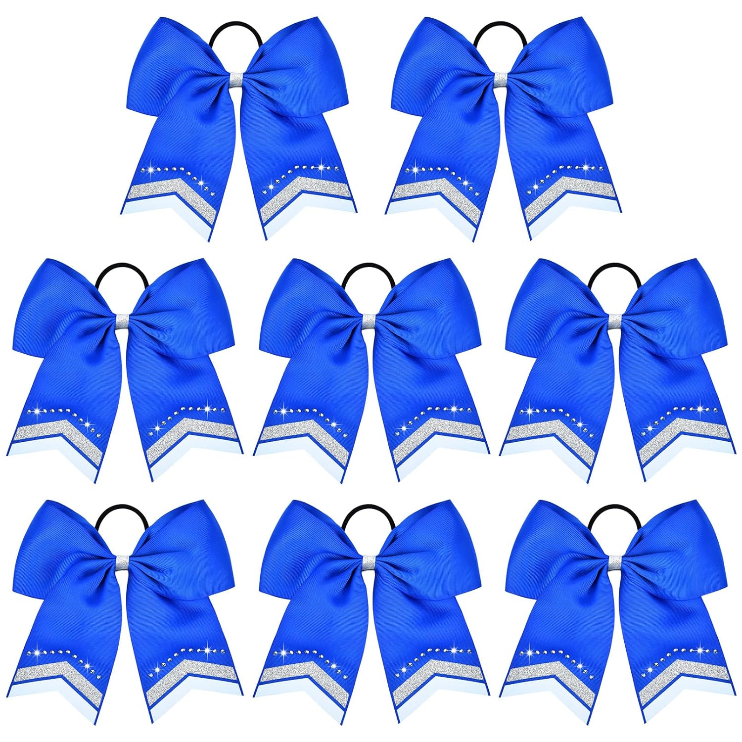 8PCS Glitter Cheer Bow Large Blue Cheer Bows Rhinestones Hair Bows Girls 8"Cheerleading Bows Bulk Elastic Band Ponytail Holder for Teen Girls College Sports Competition A-Blue/Silver/White Rhinestone (Pack of 8)