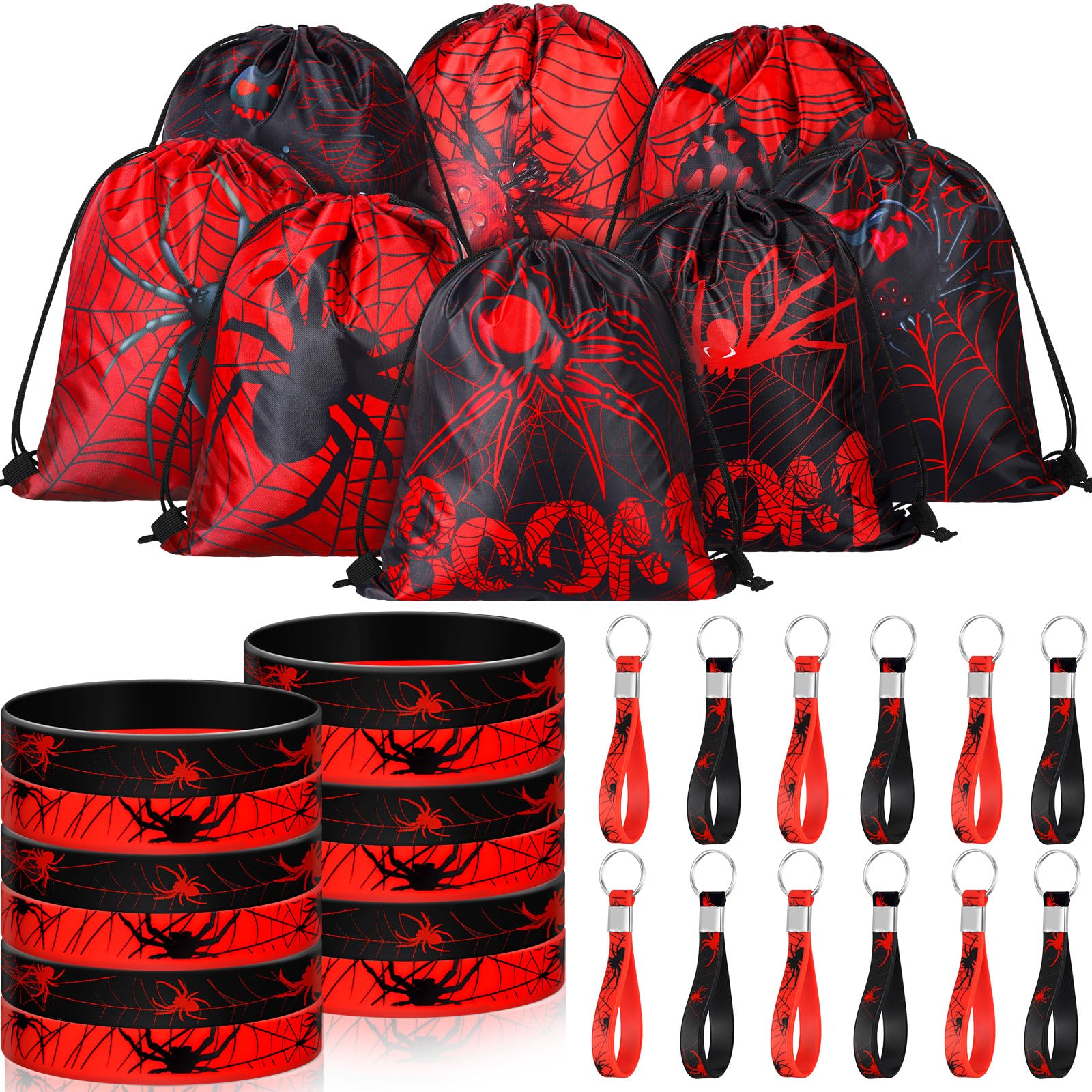 Lothee 32 Pcs Spider Party Favors Spiderweb Birthday Party Decor Drawstring Bag Goodies Bags with Rubber Bracelets Wristlet Keychain for Spiders