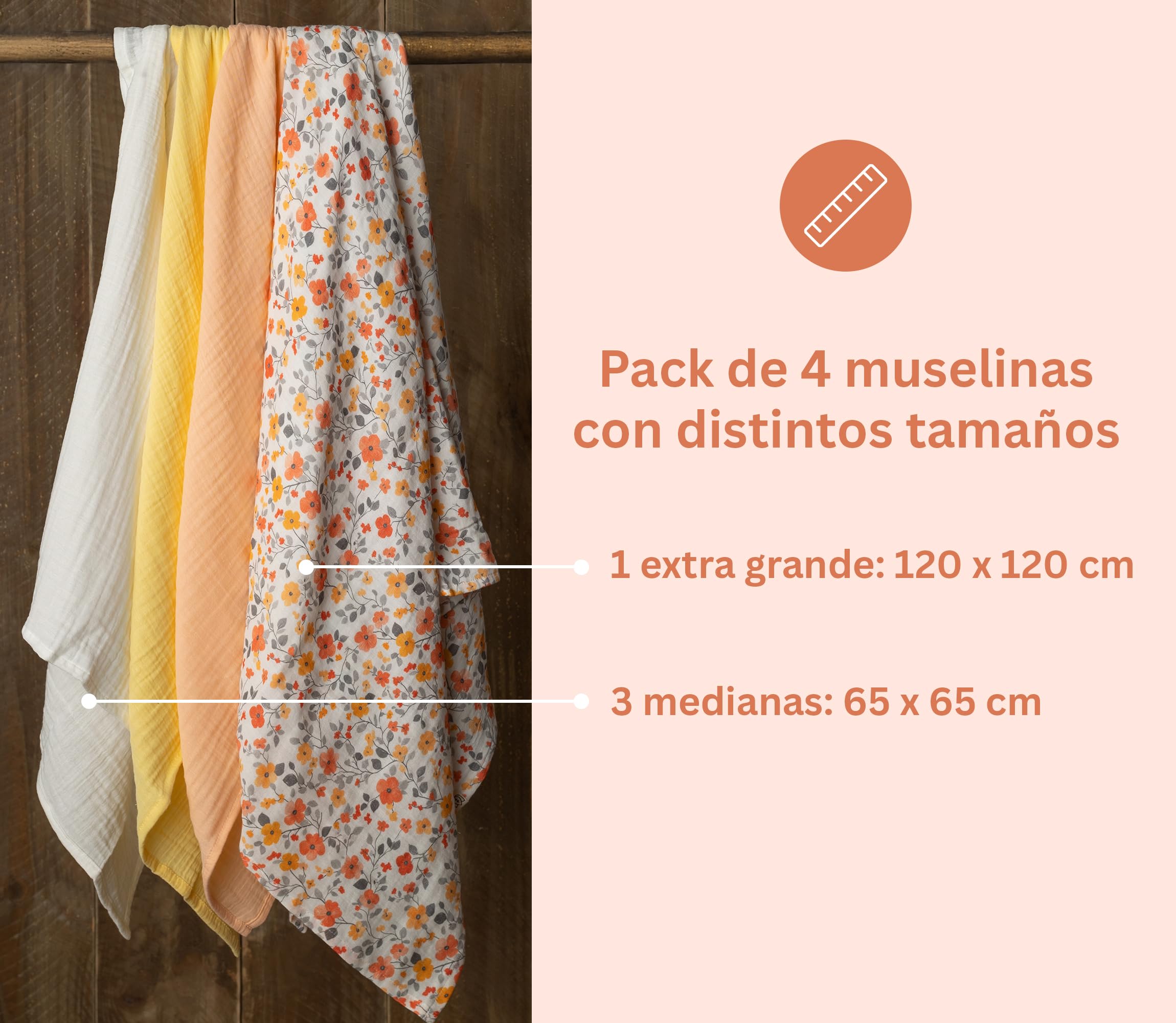 Nayla Muselinas Bebe Algodon 120x120 y 65x65-100% Organico con Gasas Grandes Suaves para Recién Nacido Muy Versátiles como Arrullo para Verano - Manta Ligera Color Amarillo Flores.