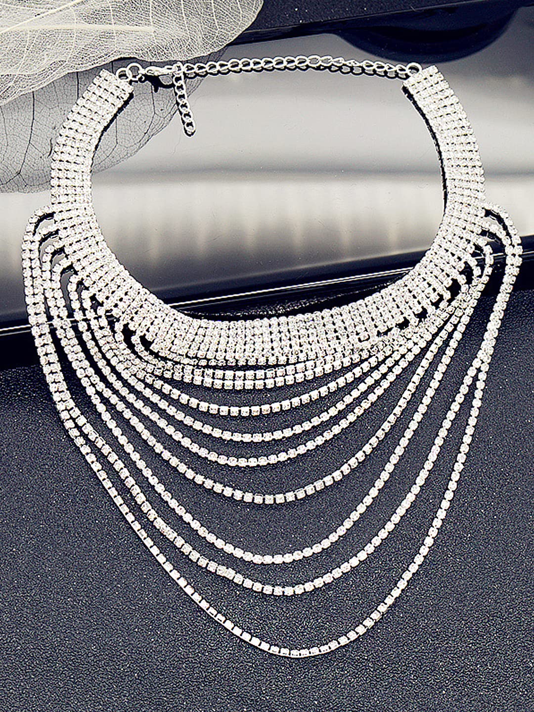 Silver Choker Western Multilayer Rhinestone Tassle Statement Necklace