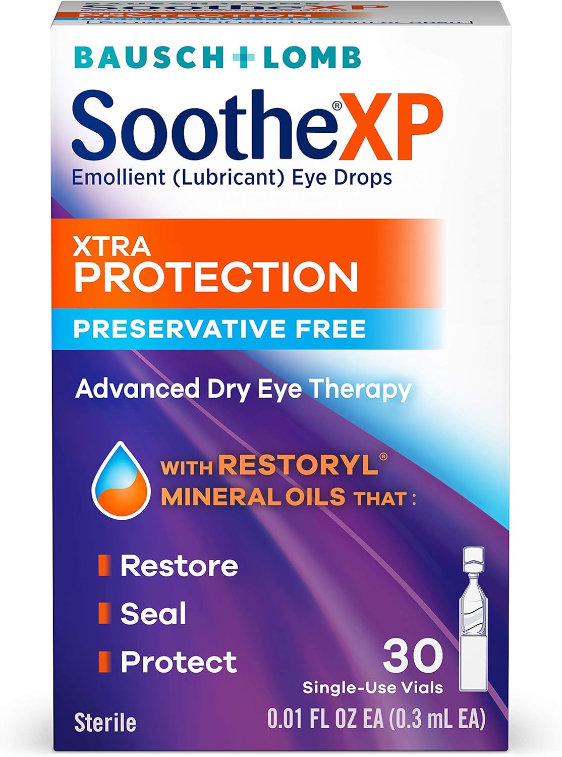 Eye Drops by Bausch & Lomb, Lubricant Relief for Dry Eyes, Soothe XP, Preservative Free, Single Use Dispensers, 0.3 mL, 30 Count : Health & Household