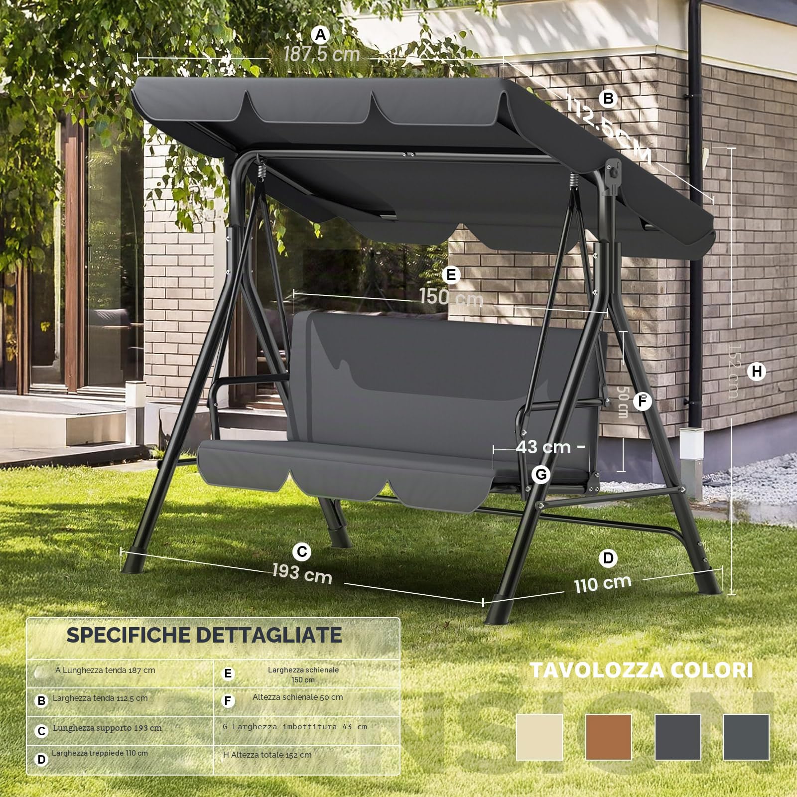 Dondolo da giardino a 3 posti, per esterni, con tettuccio parasole regolabile, piedini antiscivolo, resistente alle intemperie, altalena, portata 200 kg, colore: antracite