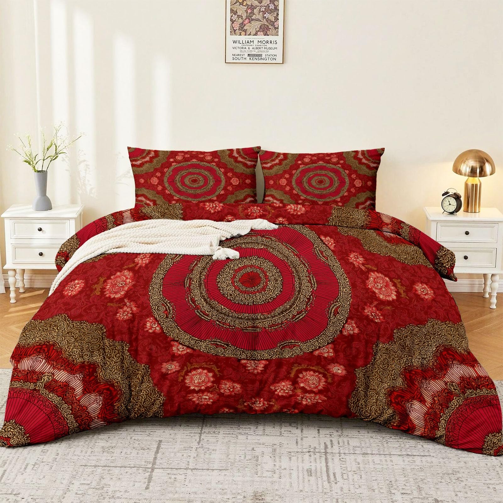 Biancheria da letto per bambini in stile bohémien, motivo mandala, in microfibra morbida e traspirante, 155 x 220 cm, con chiusura lampo e 2 federe da 80 x 80 cm, colore: rosso
