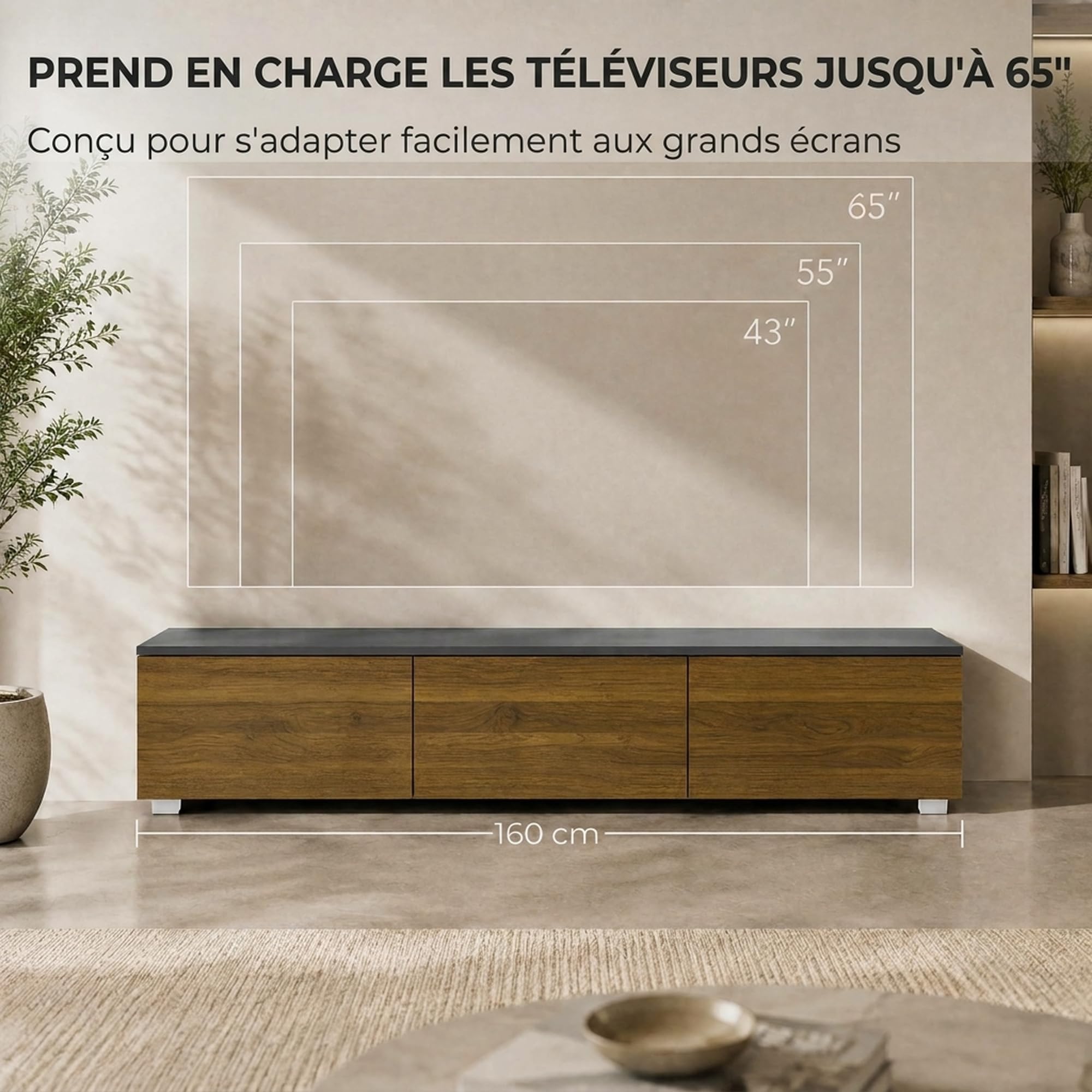 HOMCOM Meuble TV Suspendu ou sur Pied 160cm pour Téléviseur 65 Pouces Noyer
