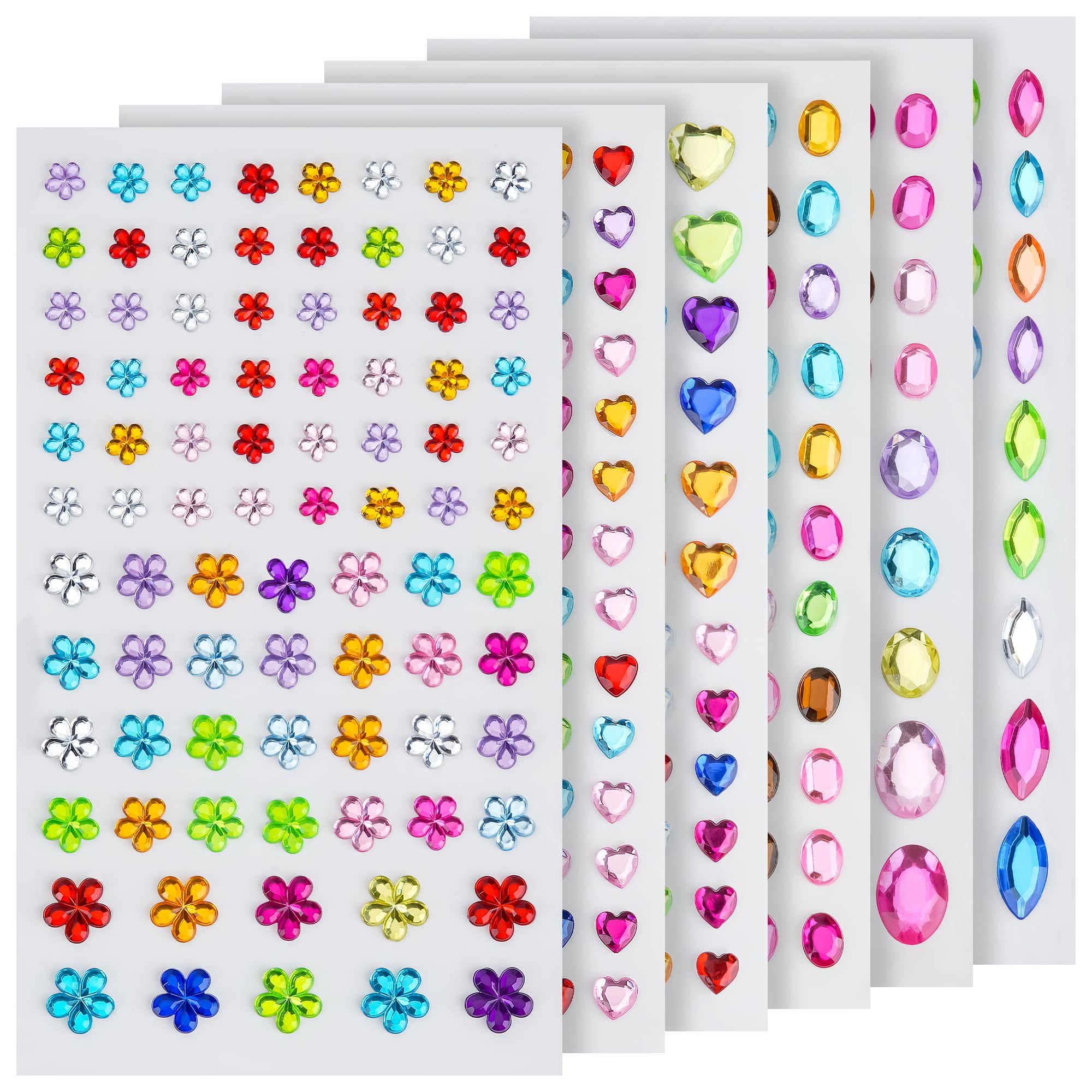 Gem Stickers for Crafts, 6 Sheets Self Adhesive Rhinestone Jewel Stickers, Various Shapes and Sizes for Kids' Crafts and scrapbooks