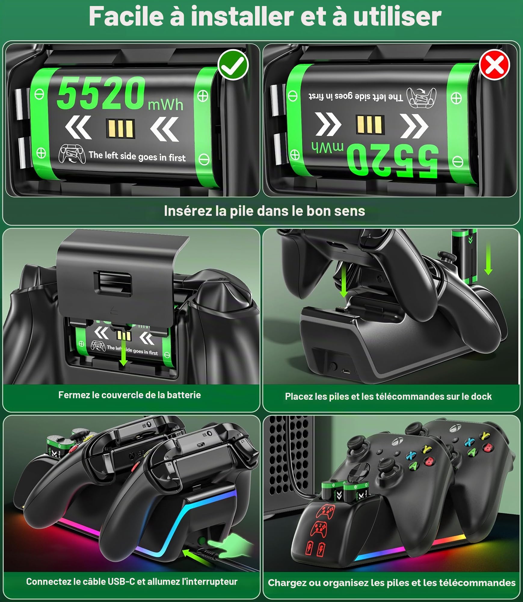 Station de Charge Manette Xbox avec 4 Piles Rechargeables 5520mAh, Chargeur Rapide pour X-Box Series X/S, X-Box One/X/S/Elite avec 4 Batteries, Accessoire Xbox avec 9 Modes Lumières RVB