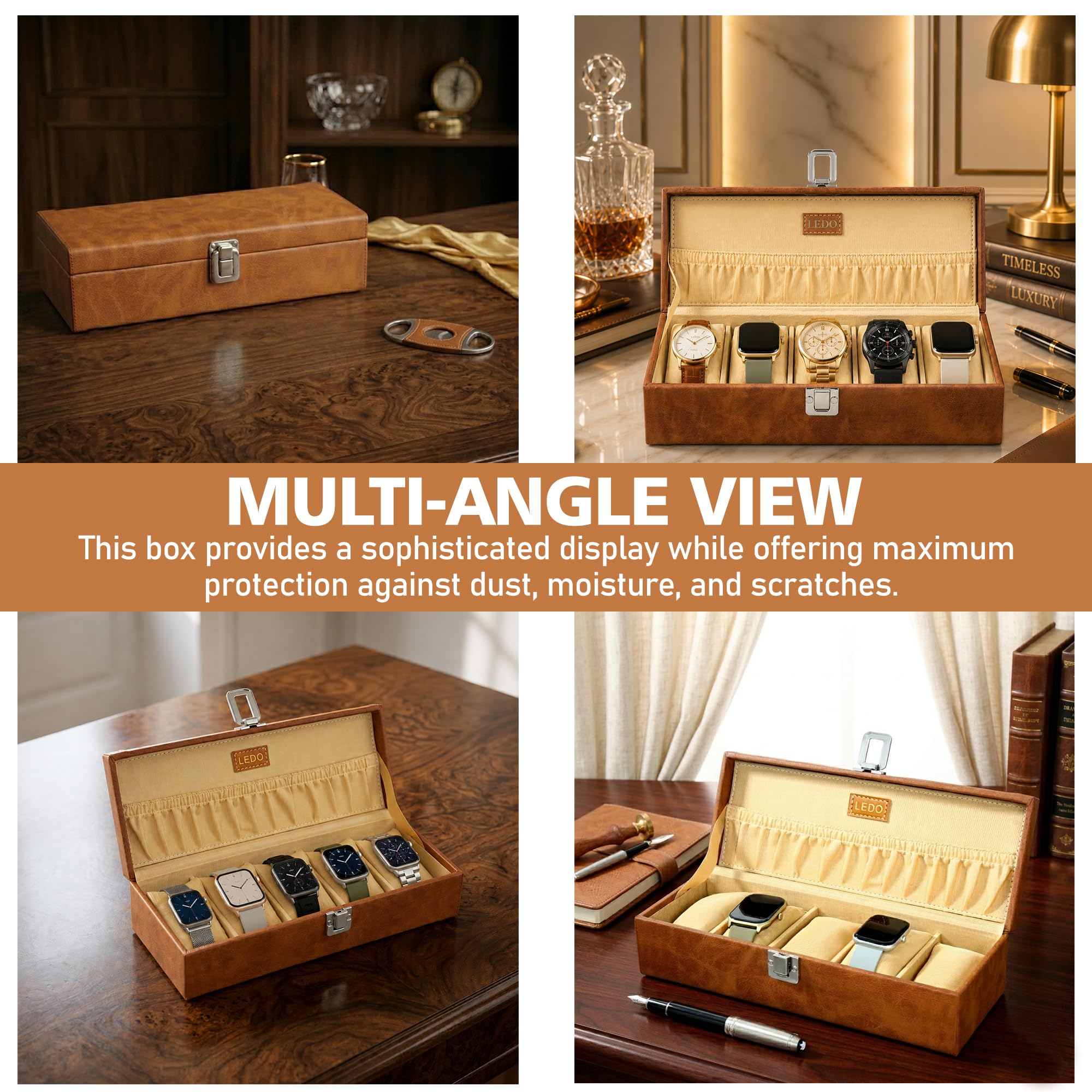 LEDO Watch Box organizer case for Men and Women in tan color with 5 slots of watches PU Leather 3