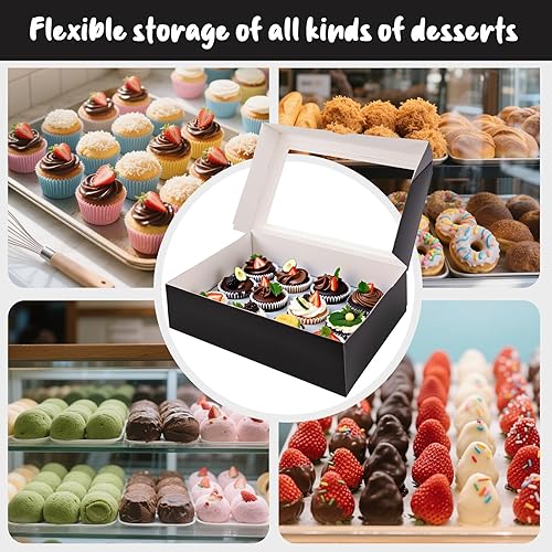 Miniatura 4 de VGOODALL 6 recipientes para cupcakes con ventana, soporte negro para cupcakes con inserto de caja de pastelería, 12 unidades con capacidad para 72