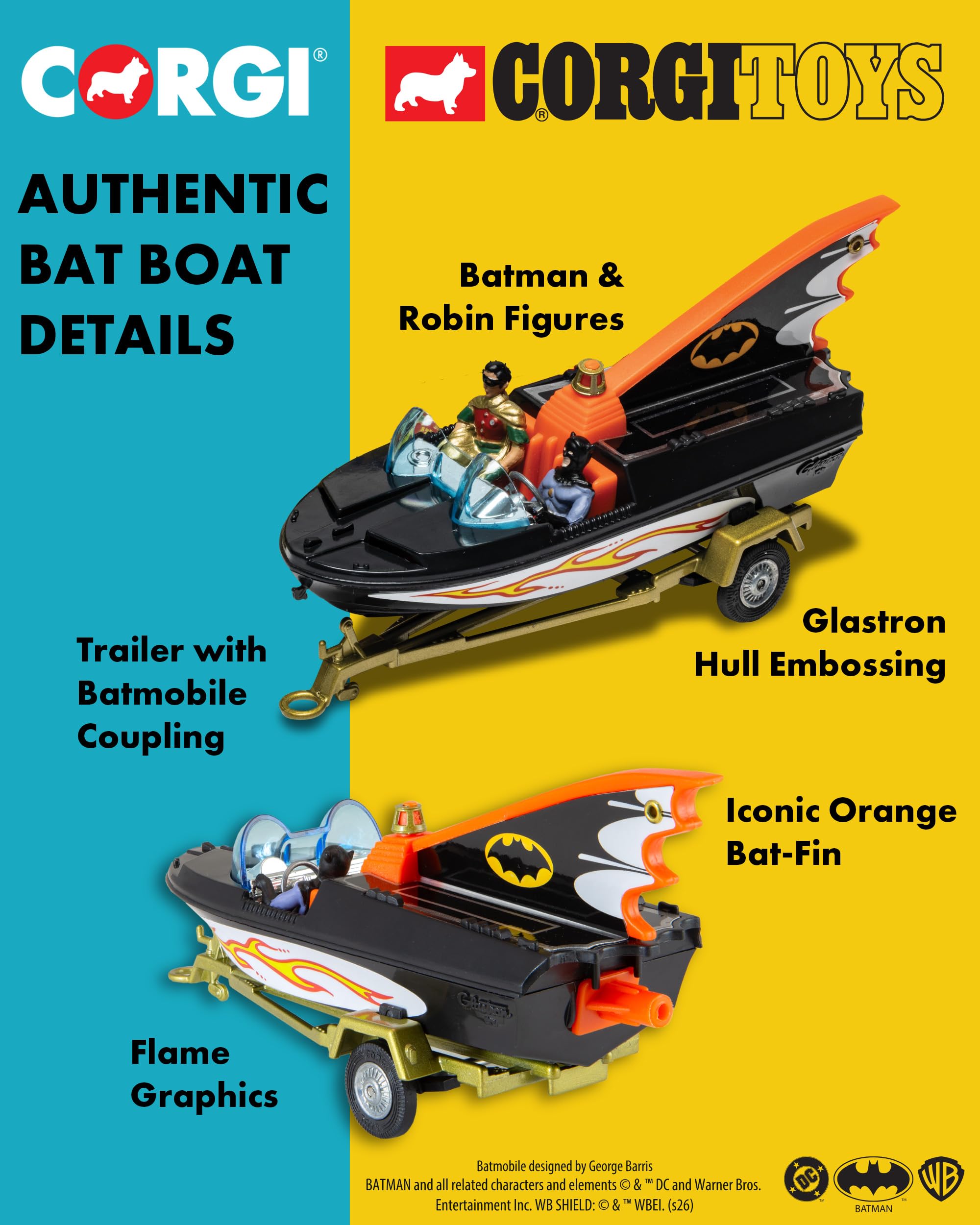 Corgi Toys CD54321062 107 Bateau Chauve-Souris avec Figurines Batman & Robin et couplage spécial remorque moulée pour Batmobile RT26701 Échelle 1:46 Cadeau Souvenir pour Homme ou Femme