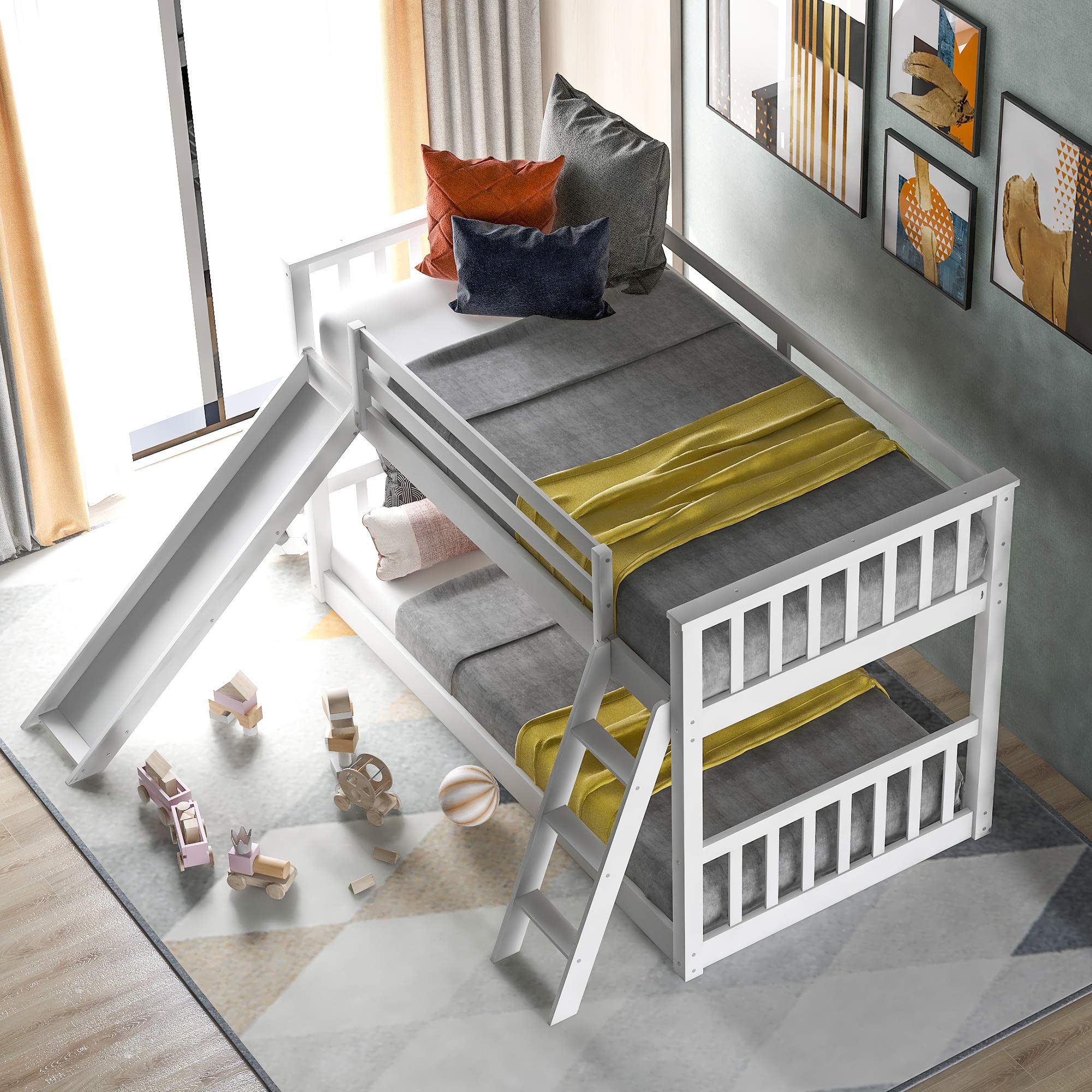 Harper & Bright Designs Low Bunk Bed for Kids, Solid Wood Twin Over Twin Floor Bunk Bed with Slide and Angle Ladders, Twin Bunk Bed for Kids Toddlers Teens (New, White)