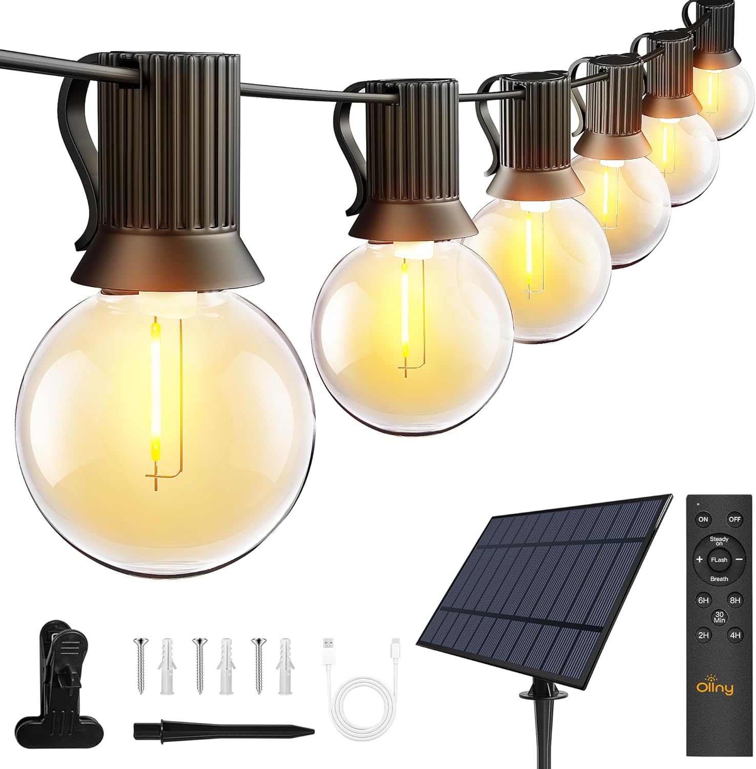 Ollny 110FT Solar String Lights for Outside, Waterproof Remote Control Dimmable Timers 3Modes Outdoor Light with 50 LED + 2 Spare Shatterproof Bulb, G40 Hanging Lights for Patio Pool House Garage Ollny 110FT Solar String Lights for Outside, Waterproof Remote Control Dimmable Timers 3Modes Outdoor Light with 50 LED + 2 Spare Shatterproof Bulb, G40 Hanging Lights for Patio Pool House Garage
