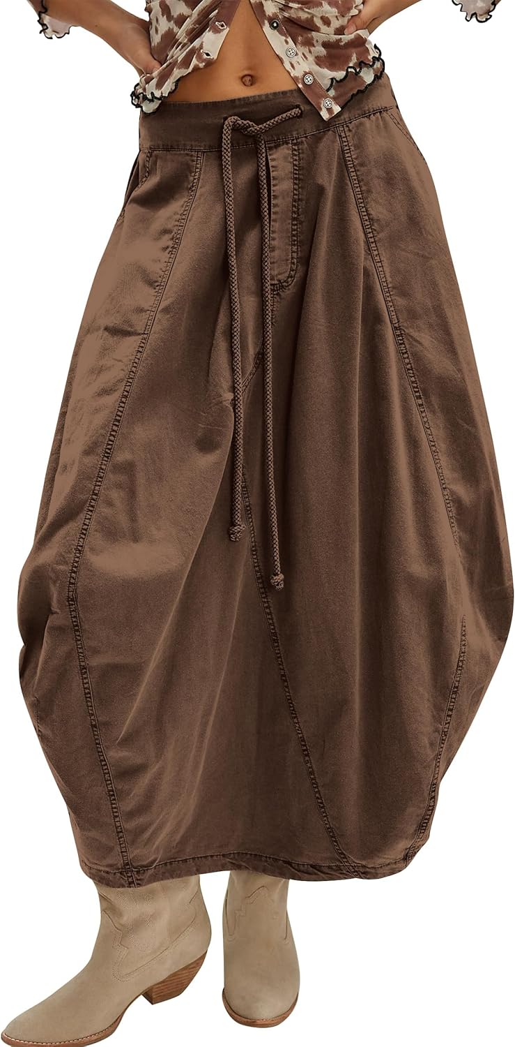 Cargo Skirt Women Cotton Maxi Skirts Baggy Drawstring Bubble Skirt Casual Poplin Parachute Skirts with Pockets 2026