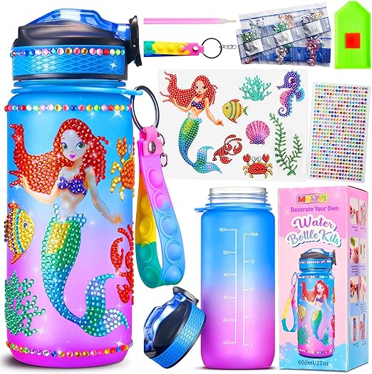 Decorate Your Own Water Bottle Kits for Girls - Kids Water Bottle Birthday Gifts for 4 5 6 7 8-12 Year Old Girl DIY Unicorn Birthday Decorations Arts and Crafts for Kids (Mermaid)