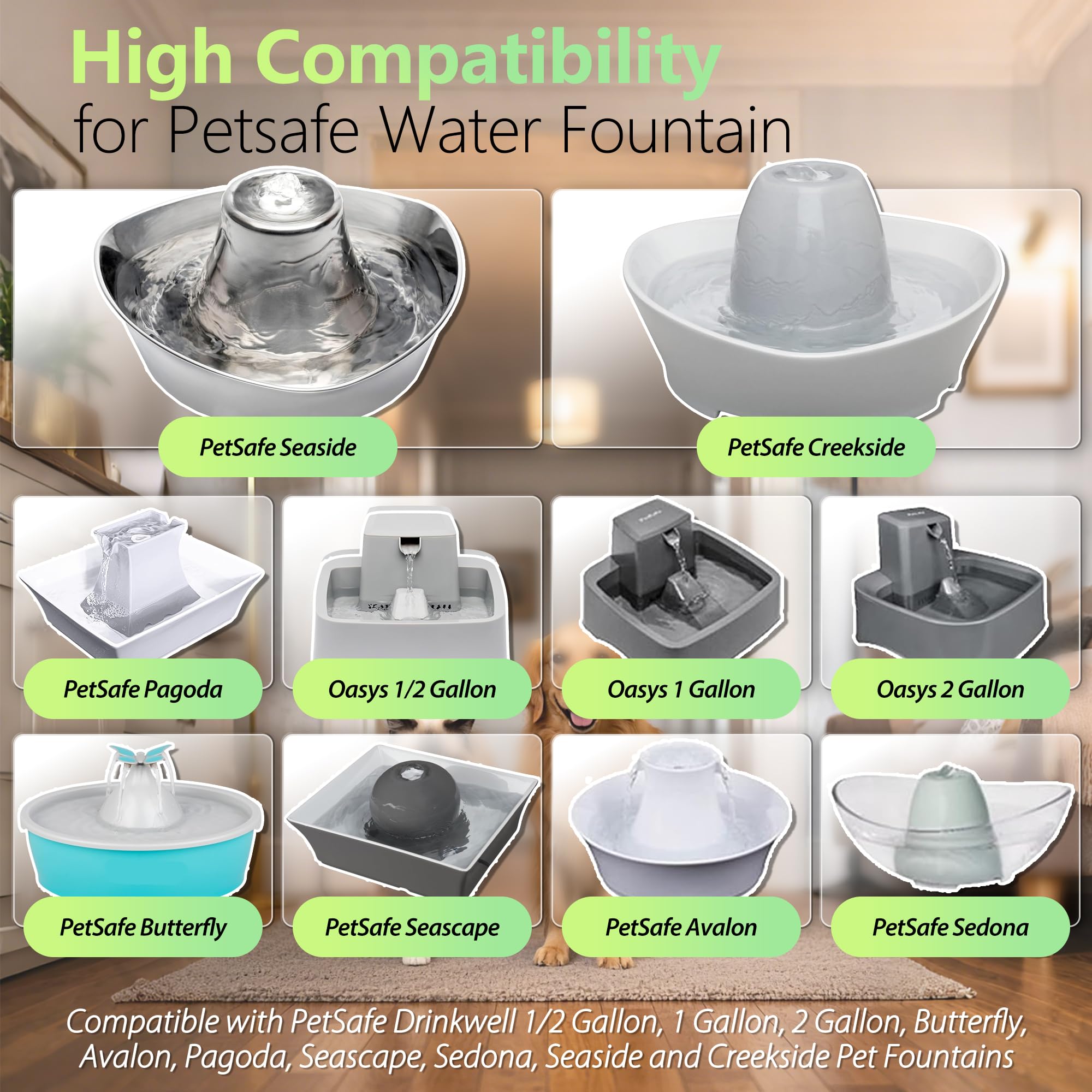 Filtro de carbono de repuesto para fuente de agua para gatos compatible con PetSafe Drinkwell de cerámica y acero inoxidable para mascotas, para perros y gatos con filtros de espuma de