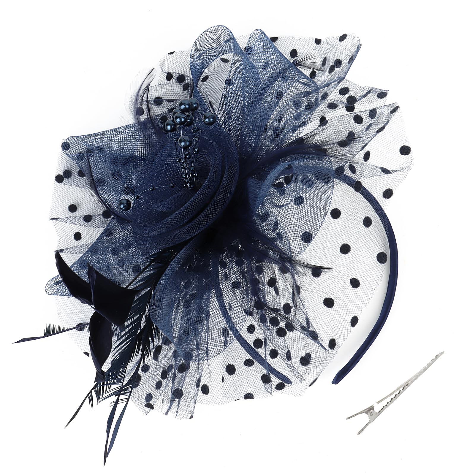 Hotalisona Fascinators Hats Tea Party Hats Navy Blue Flower Mesh Beaded Feathers with Headband with Clips Women's Fascinator Fashion Cocktail Hair Clip 1920s Accessories for Women