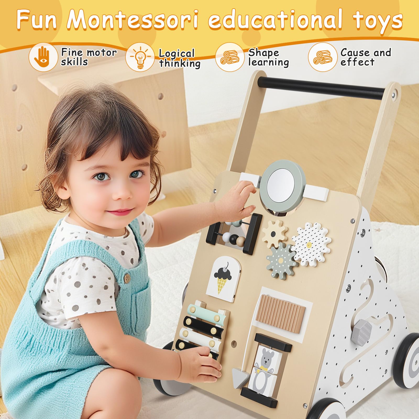 Montessori - Passeggino per bambini in legno, con Activity Center e ruote gommate, stabile aiuto per bambini piccoli, giocattolo in legno per bambini a partire da 1 anno, regalo per ragazzi e ragazze