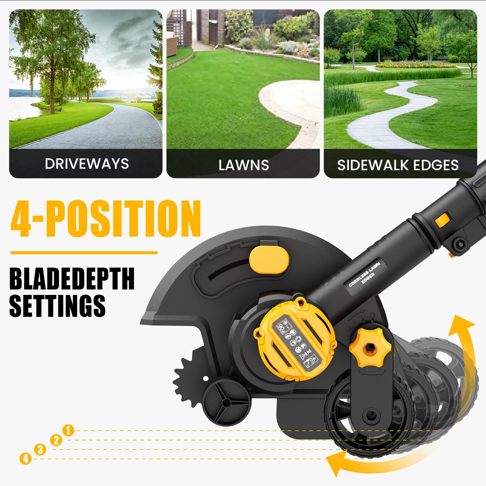 Houselife Bordeadora de césped inalámbrica compatible con batería DeWalt de 20 V máx. (solo herramienta), herramienta de zanjadora eléctrica de 9 pulgadas con ruedas dobles, 4 profundidades ajustables