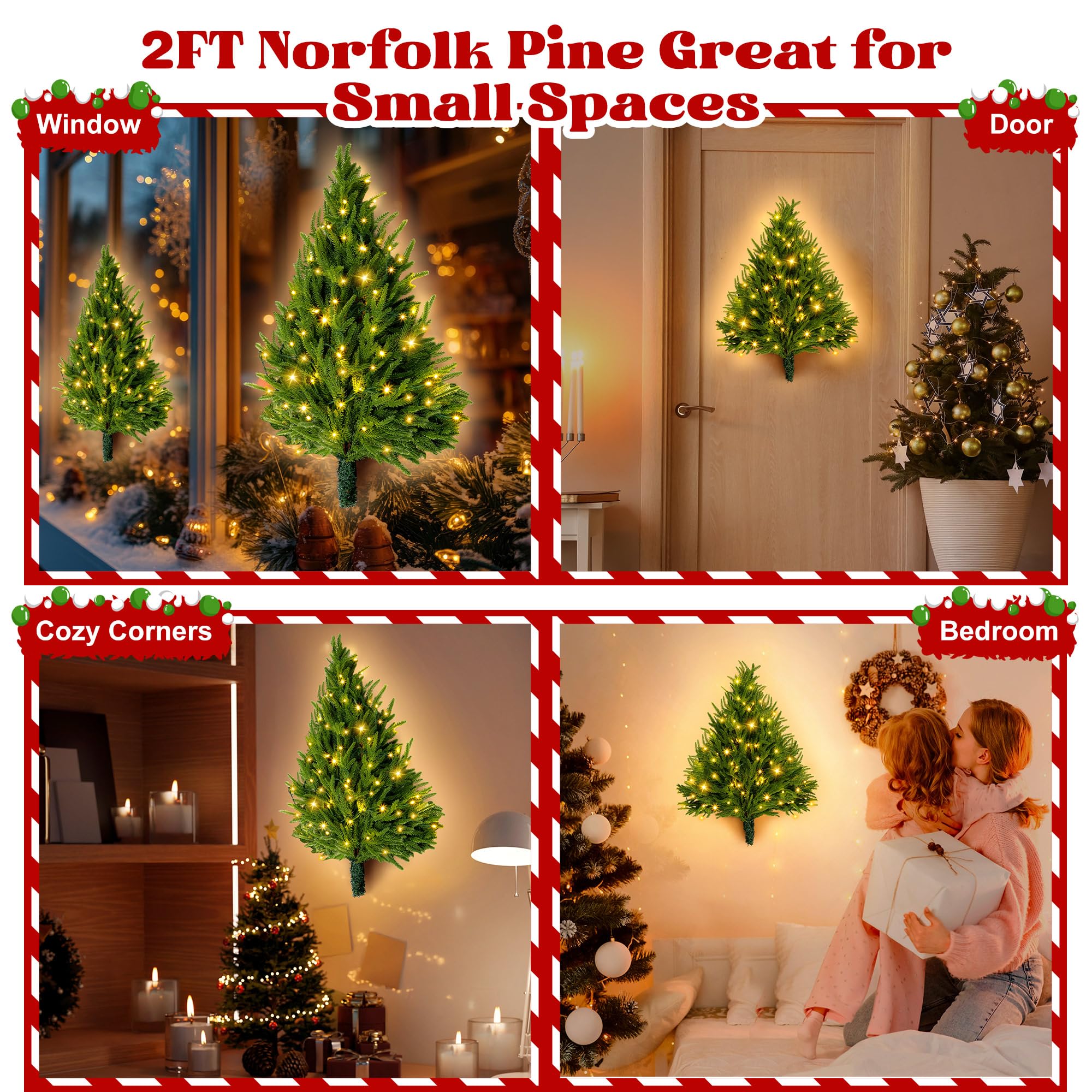 Sapin de Noël Artificiel pré-éclairé à Suspendre au Mur avec lumières LED, Sapin de Noël Plat pré-éclairé pour Appartement, propriétaire de Chat