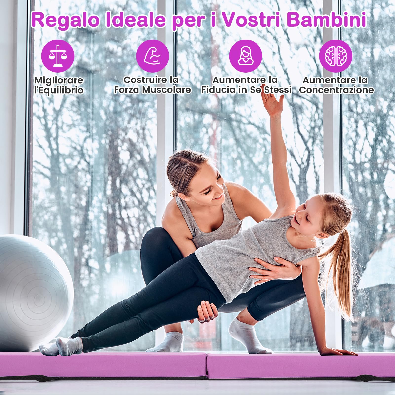 COSTWAY Trave Ginnastica per Bambini per Casa 210 cm, Trave di Equilibrio Pieghevole e Portatile con Manici, Copertura in Suede Rimovibile e Fondo Antiscivolo
