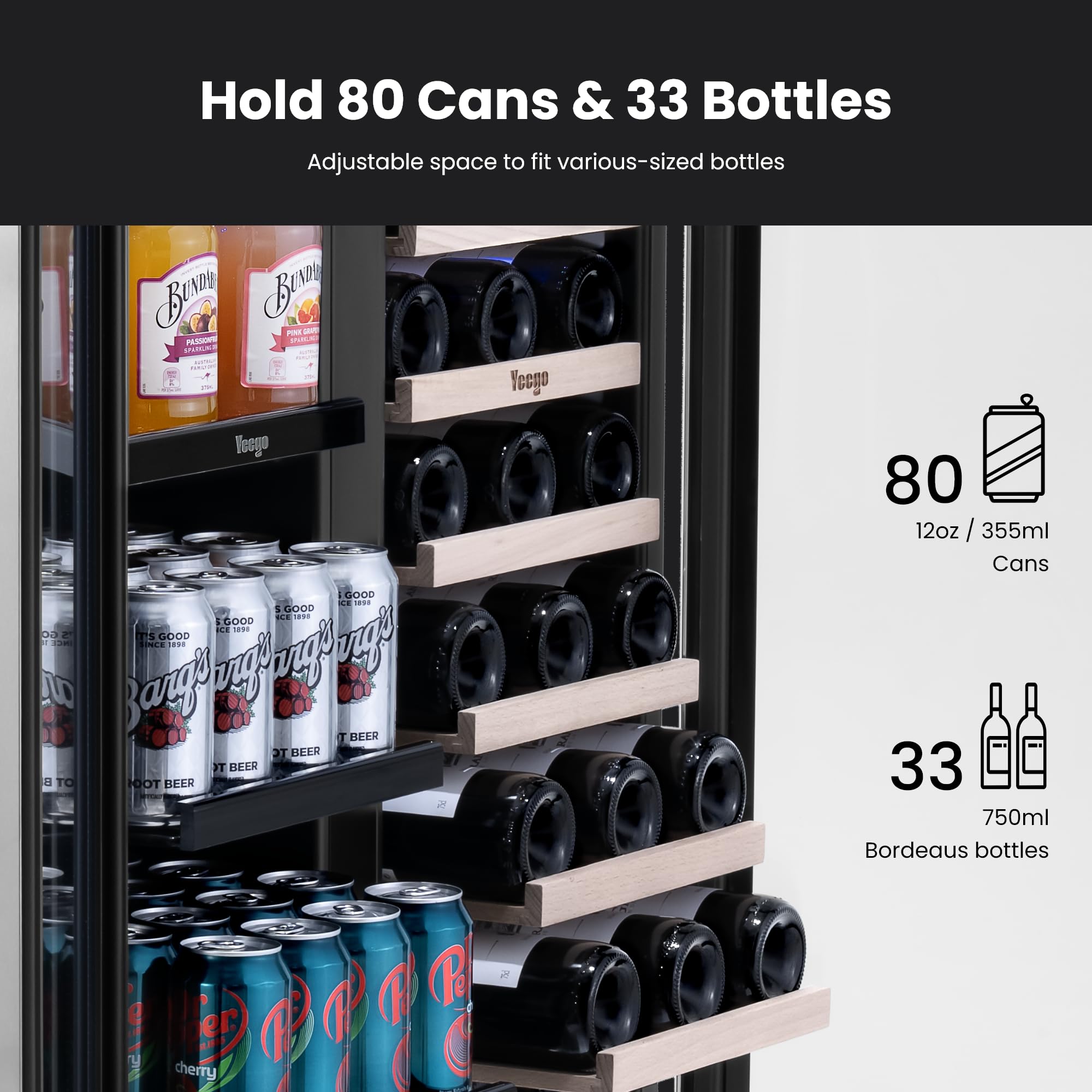 YEEGO Wine And Beverage Refrigerator, 30 Inch Dual Zone Wine Fridge With Glass Door, 36-72℉ Beer Cooler Holds 33 Bottles And 80 Cans, Built-In Or Freestanding Beverage Cooler For Home Bar Office on Fridge.com - View 4