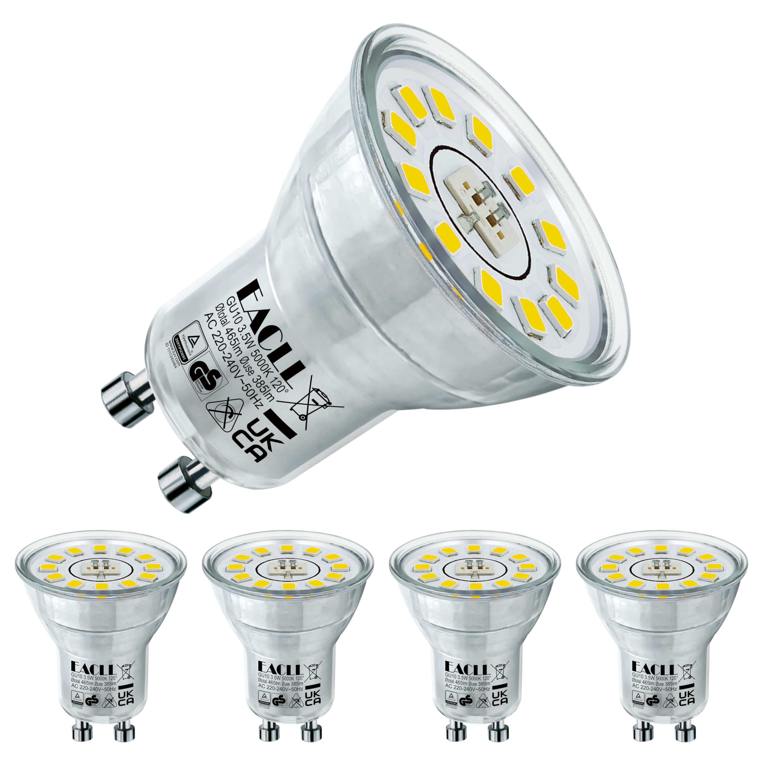 EACLL Mini GU10 LED Tageslichtweiß 3.5 Watt Ersetzt 50W Halogen Leuchtmittel, 4er-Pack, 385lm 5000K Birnen, AC 230V Flimmerfrei Strahler, Abstrahlwinkel 120° Spot, Nicht Dimmbar Reflektor Lampen Ø35MM
