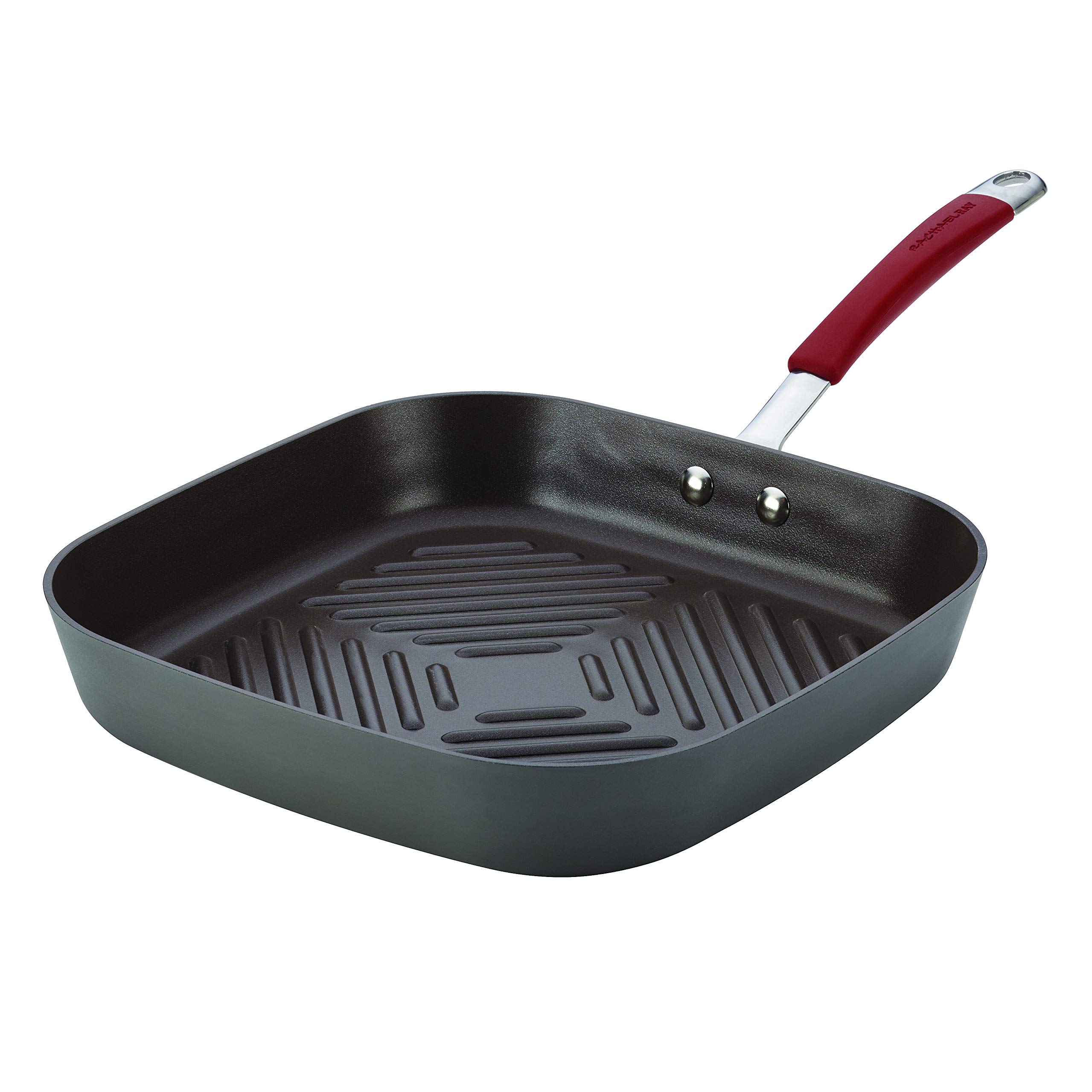Rachael Ray Cucina Hard-Anodized Nonstick 11-Inch Deep Square Grill Pan, Gray with Cranberry Red Handle - 87632