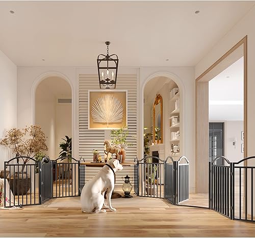 Miniatura 3 de BHG Puerta independiente de metal para perros sin ensamblaje con puerta a través, extra ancha de 96 pulgadas, puerta extra alta de 32 pulgadas para