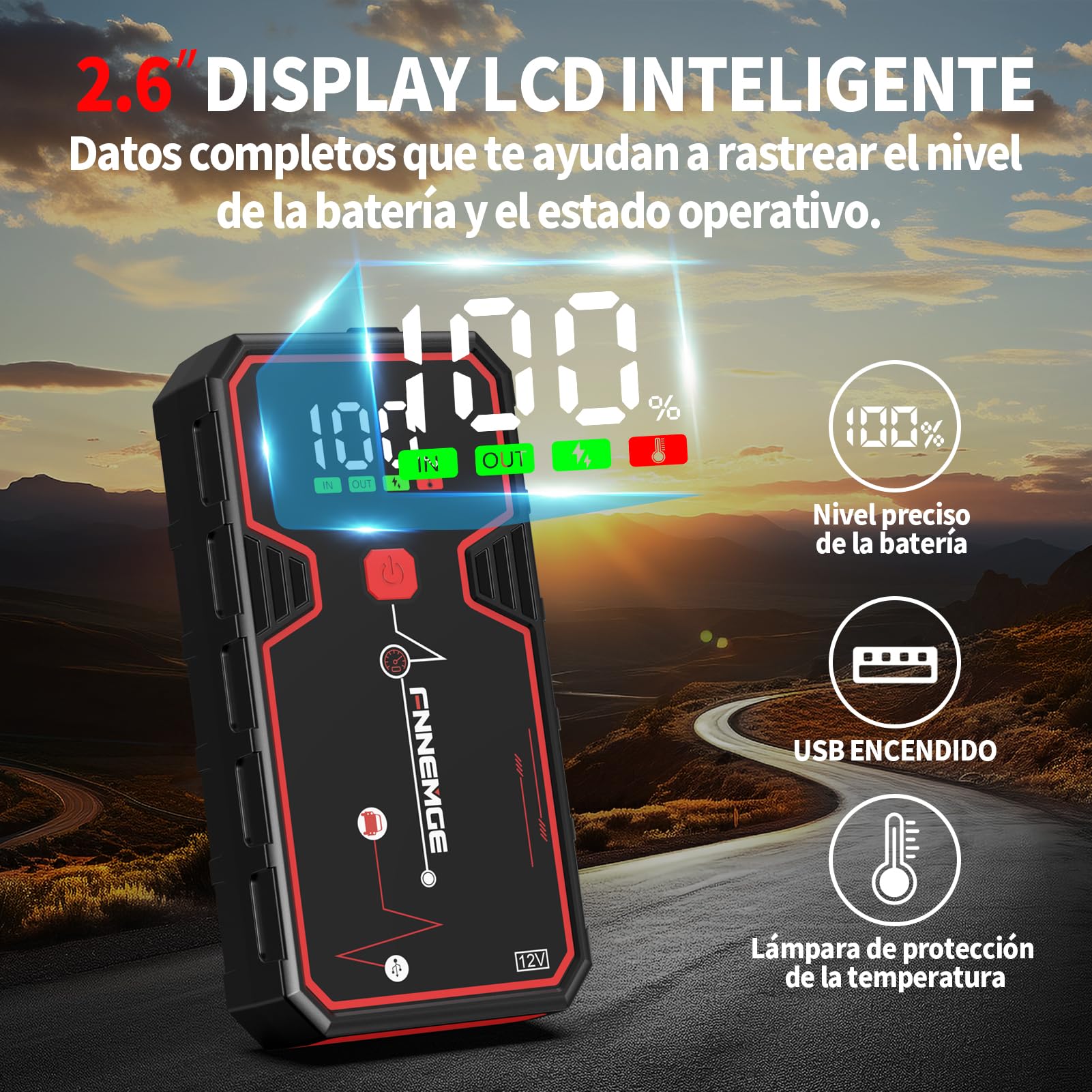 FNNEMGE Arrancador de Coches, 5000A 23800mAh Arrancador Batería Coche (para Todo vehículo de Gasolina o 8,0L de Diesel),Booster Bateria, con Puerto de Salida USB, Luz LED, Pantalla Grande HD.