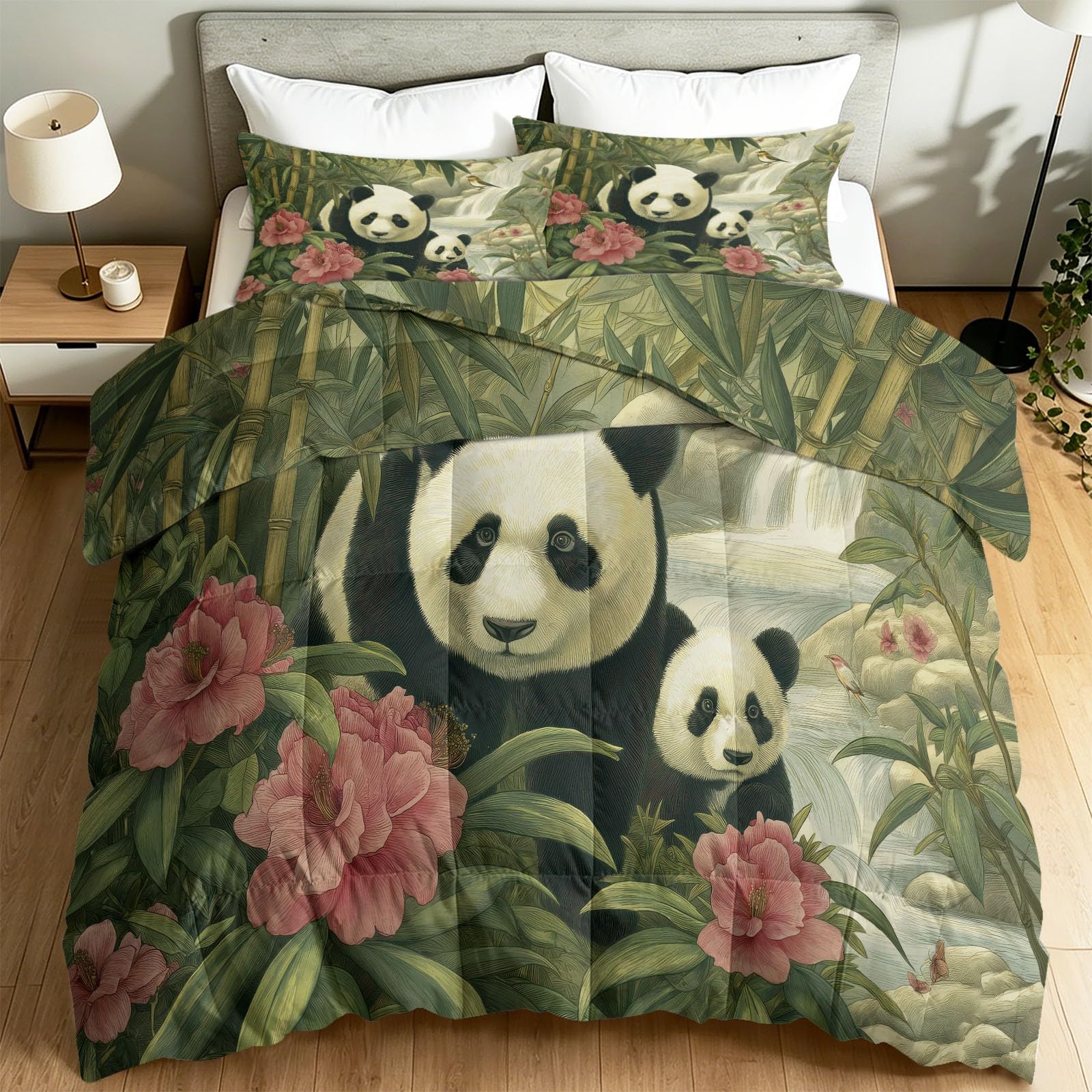 Edredón sin funda de edredón de 200 x 200 cm, edredón de verano con funda de almohada de 80 x 80 cm, diseño de panda y bosque de bambú verde esmeralda, juego de cama para habitación infantil, animales