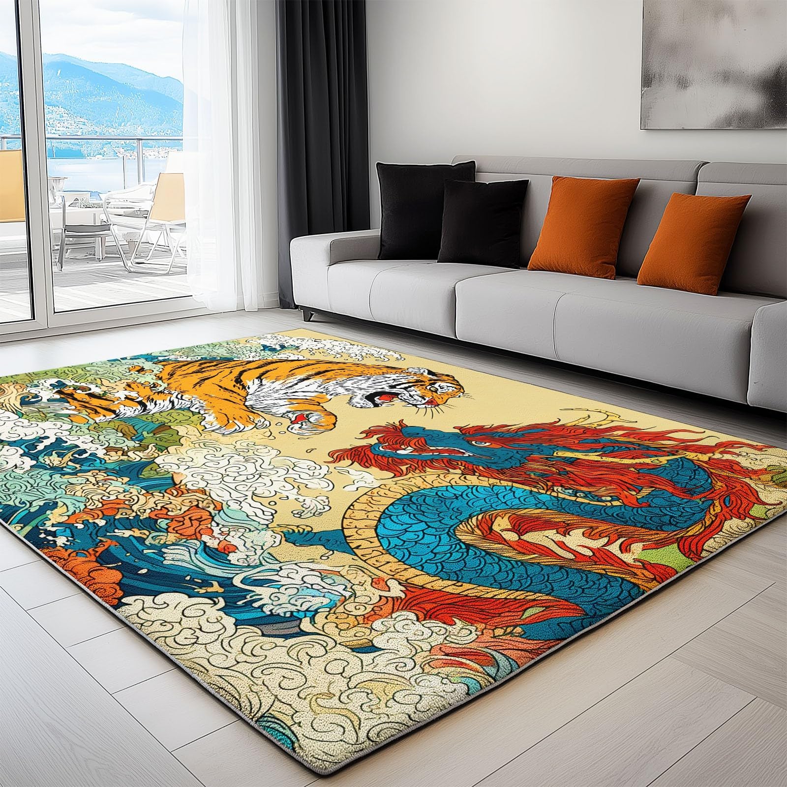 Tapis 90x180 cm, Motif Dragon et Tigre Chinois, Lavable, pour Salon ou Chambre, Style Asiatique, Motif Vagues Marines japonaises, Fin et antidérapant